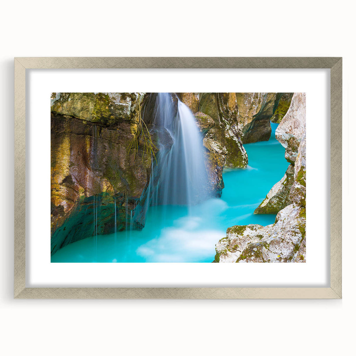 Abstract art print of a Slovenian landscape in muted earth tones on a framed silver mat, suitable for dining room decor.