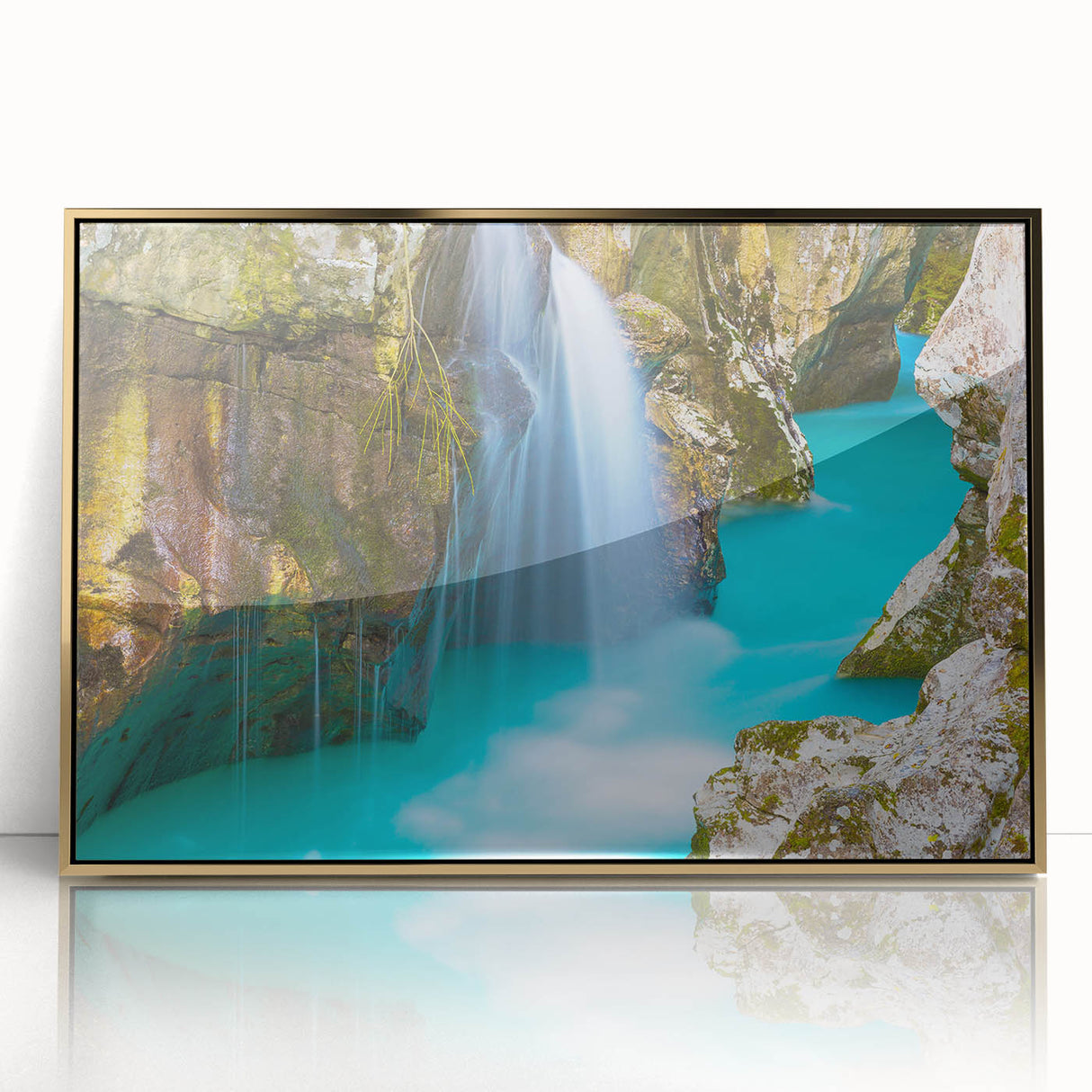 Mid-century modernist art depicting a Slovenian landscape in muted earth tones on a framed acrylic print.