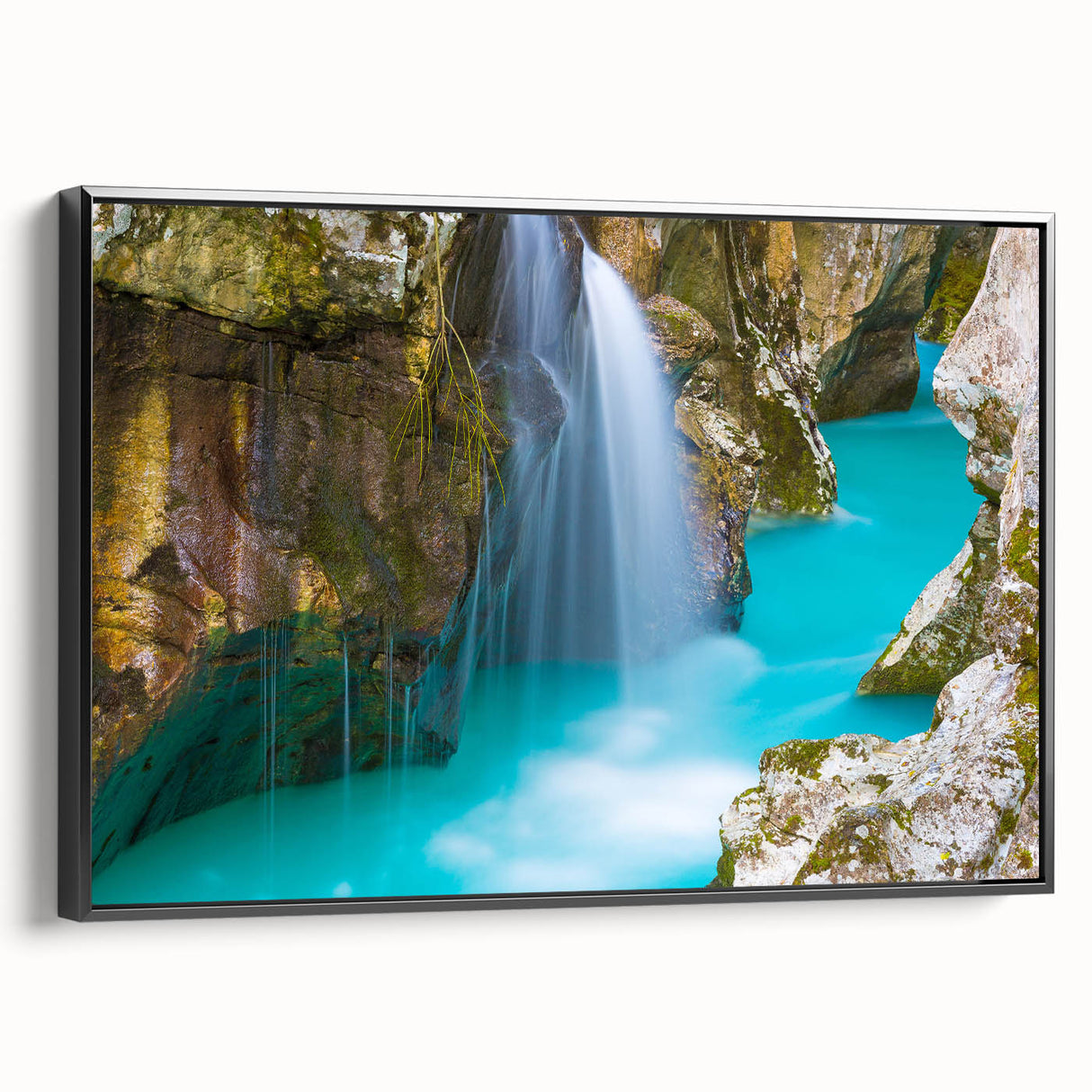 Black and white framed canvas of a Slovenian landscape, vintage poster style, ideal for bedroom decor.