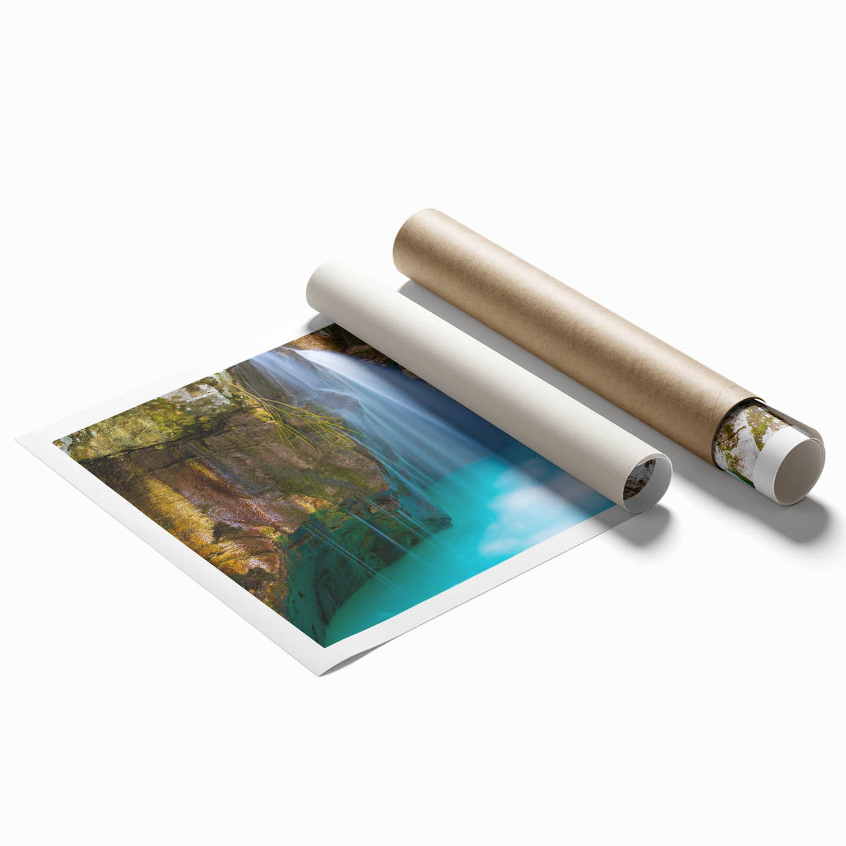 Extra large rolled print featuring a serene Slovenian landscape with vibrant green fields and distant mountains.
