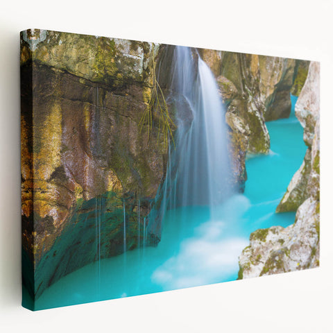 Large art print of a Slovenian landscape on stretched canvas, featuring lush greenery and mountains.