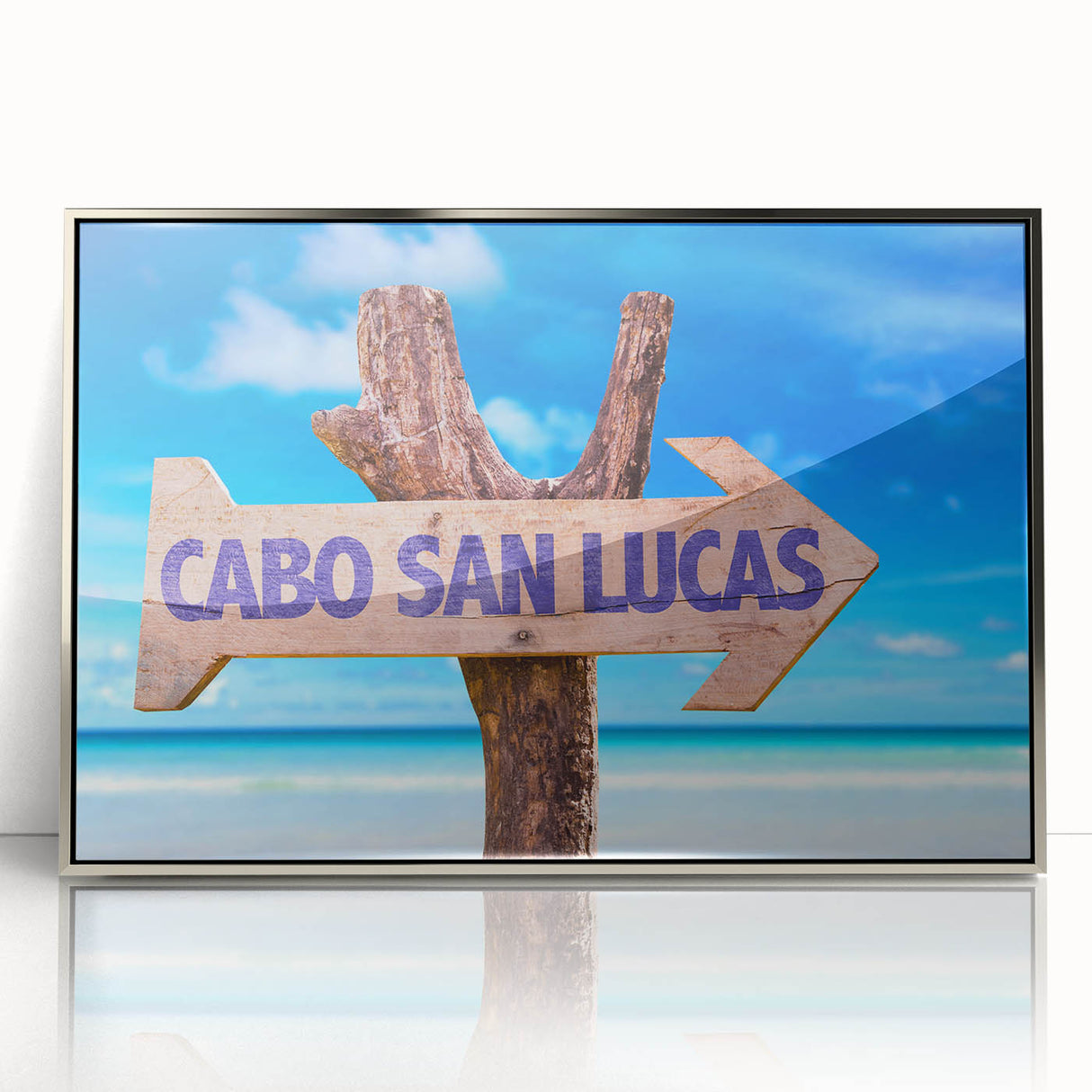 Mid-century modernist art of Cabo San Lucas scenery in acrylic, featuring silver frame, ideal for modern art wall decor.
