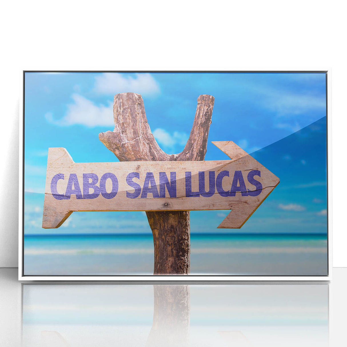 Framed acrylic print of Cabo San Lucas scenery in muted blue and white tones, suitable for modern art wall decor.