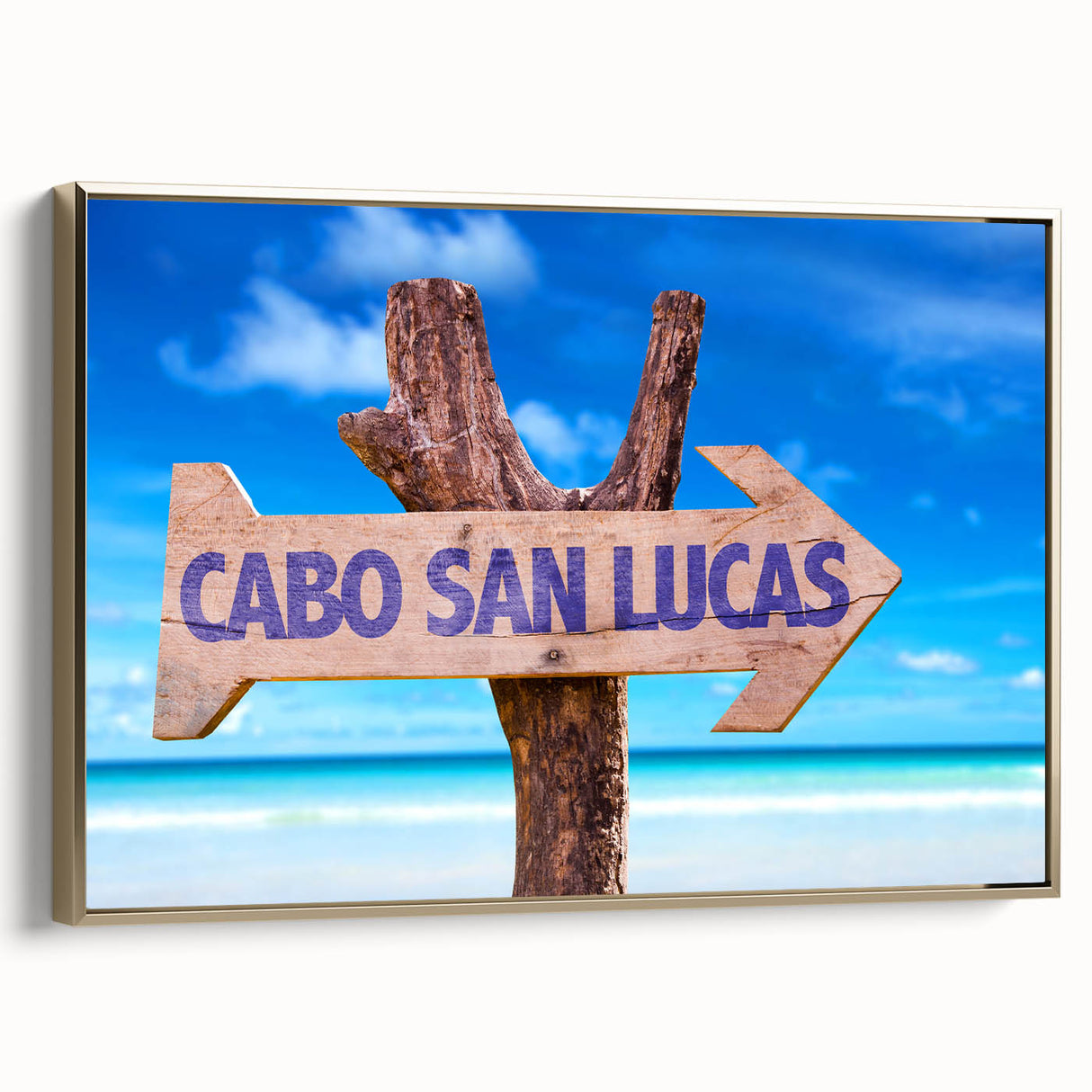 Framed canvas featuring a vintage-style landscape painting of Cabo San Lucas with a black and gold color scheme.
