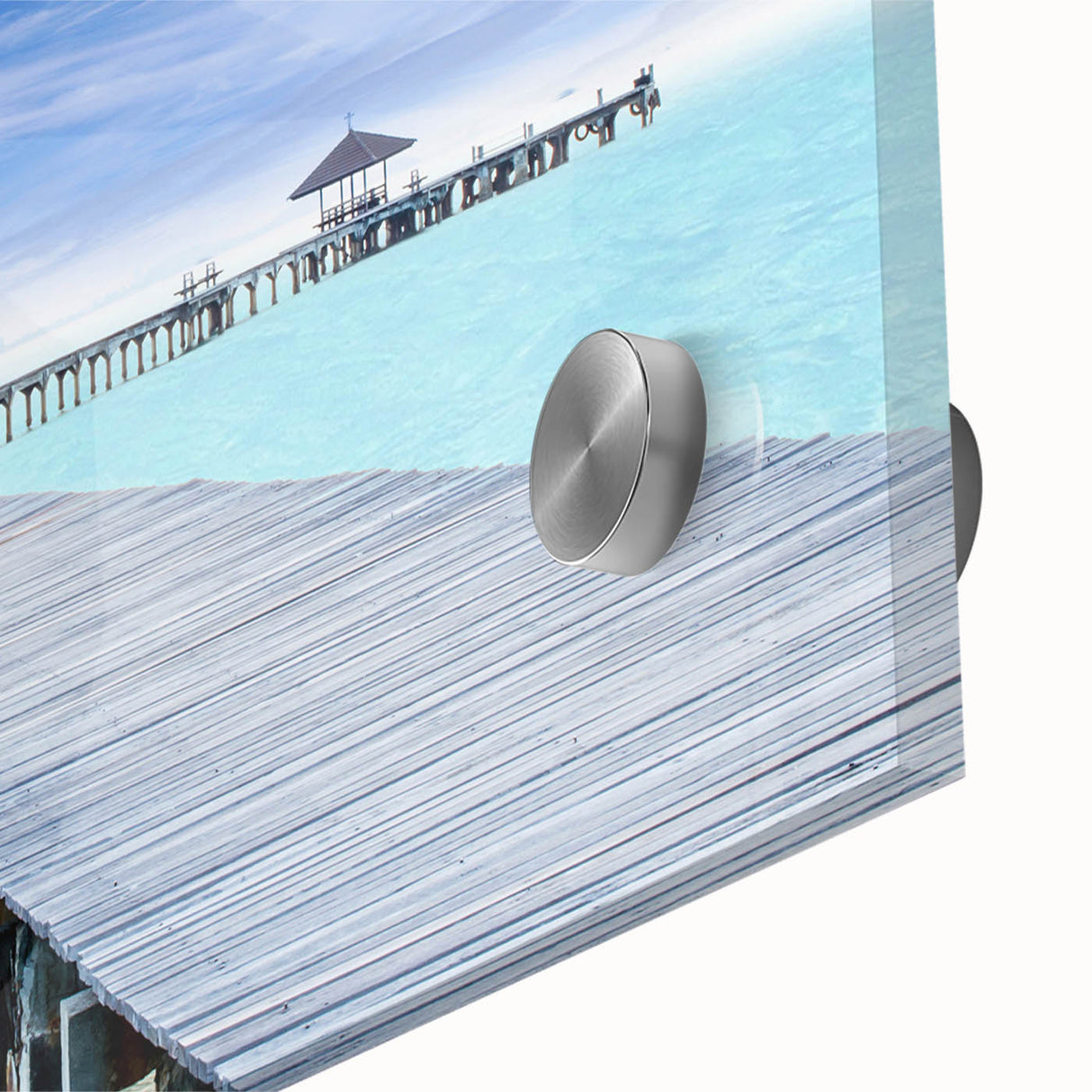 Acrylic print of a large abstract Cancun scenery in mid-century modernist style, using vivid blue and green tones.