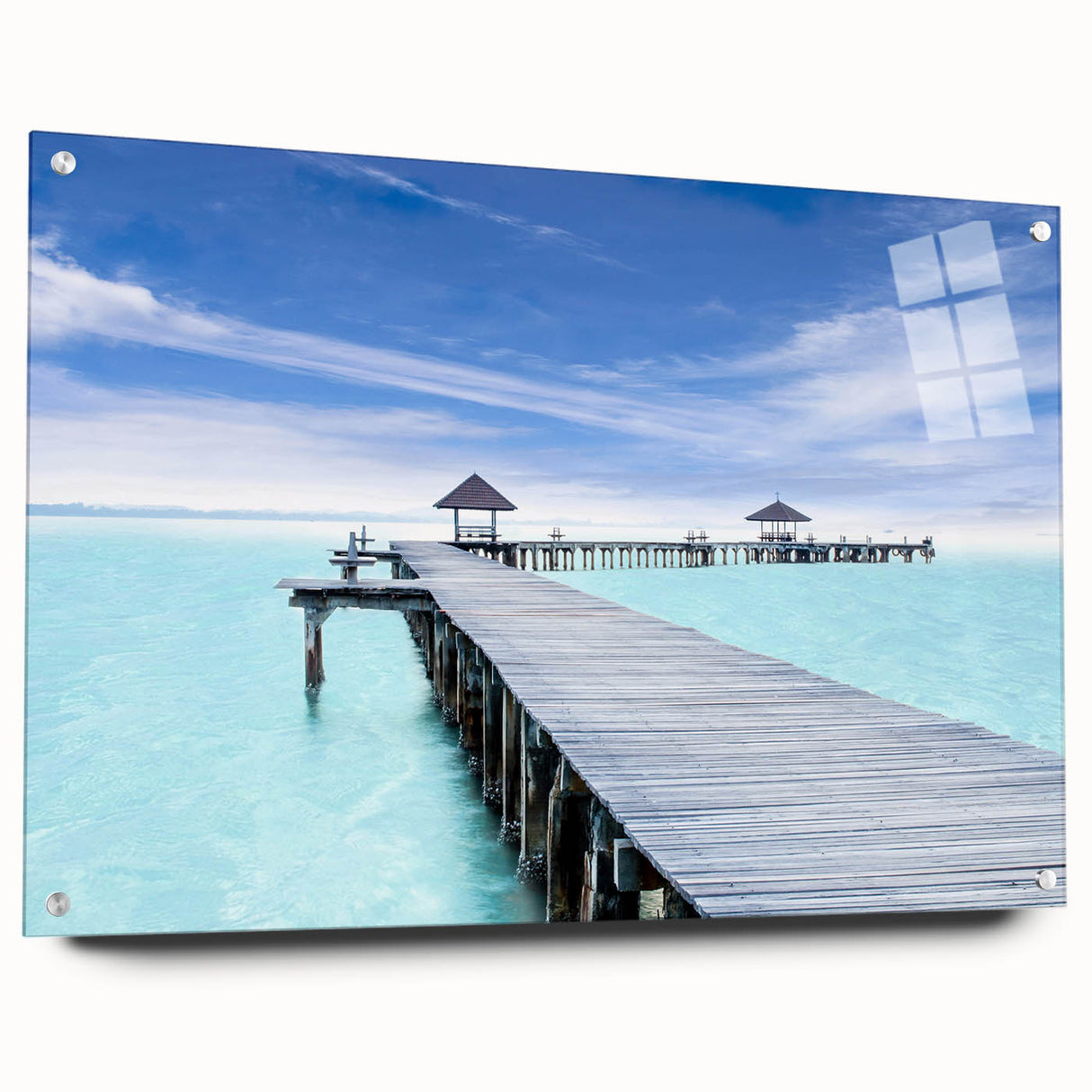 Acrylic print of Cancun scenery in vivid blue and green tones, suitable for dining room decor.