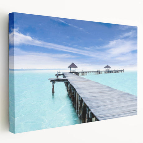A stretched canvas depicting a scenic view of Cancun with vibrant blue and green tones, ideal for kitchen wall art.