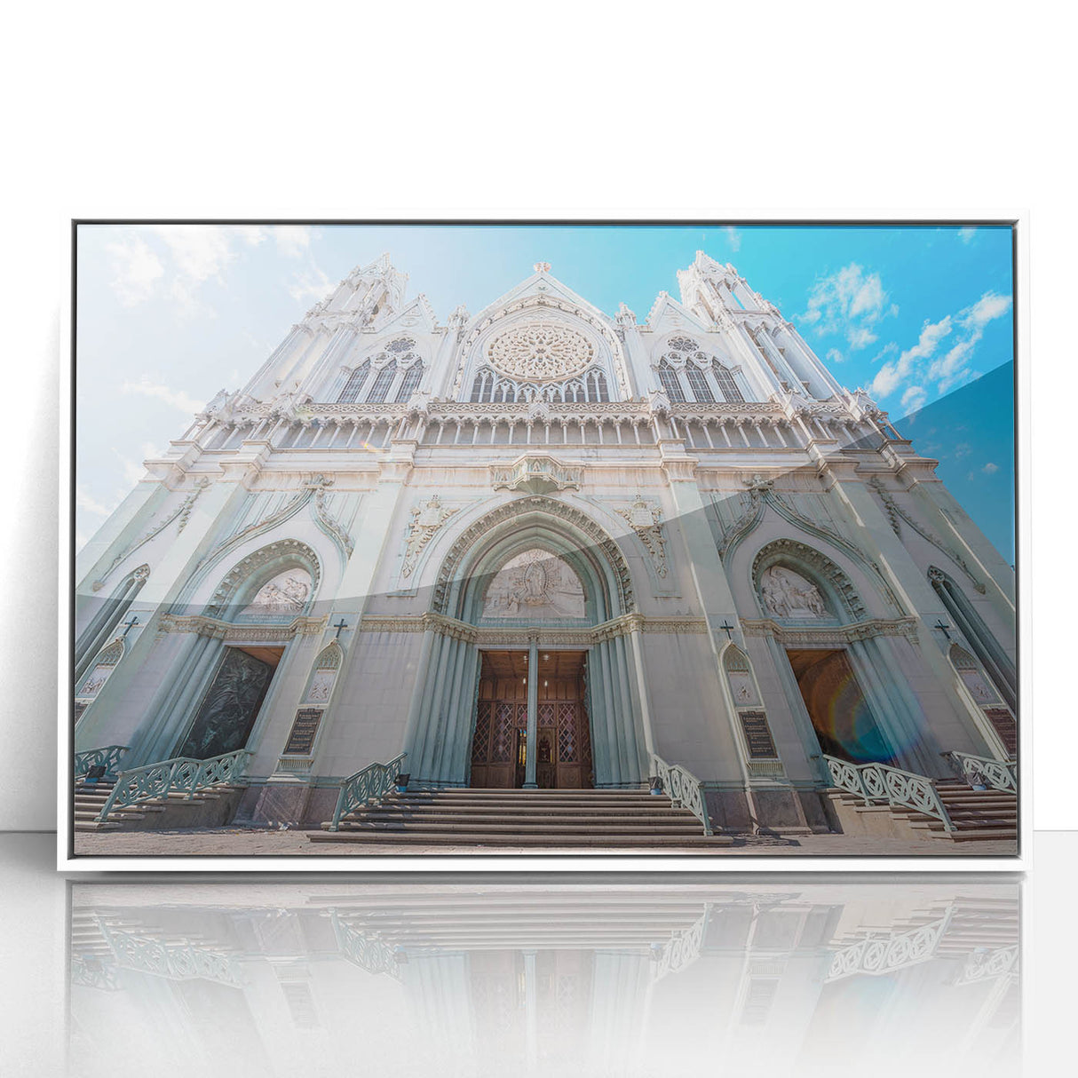 Acrylic print of Guanajuato, Mexico scenery in art deco style with vibrant colors, framed in white.