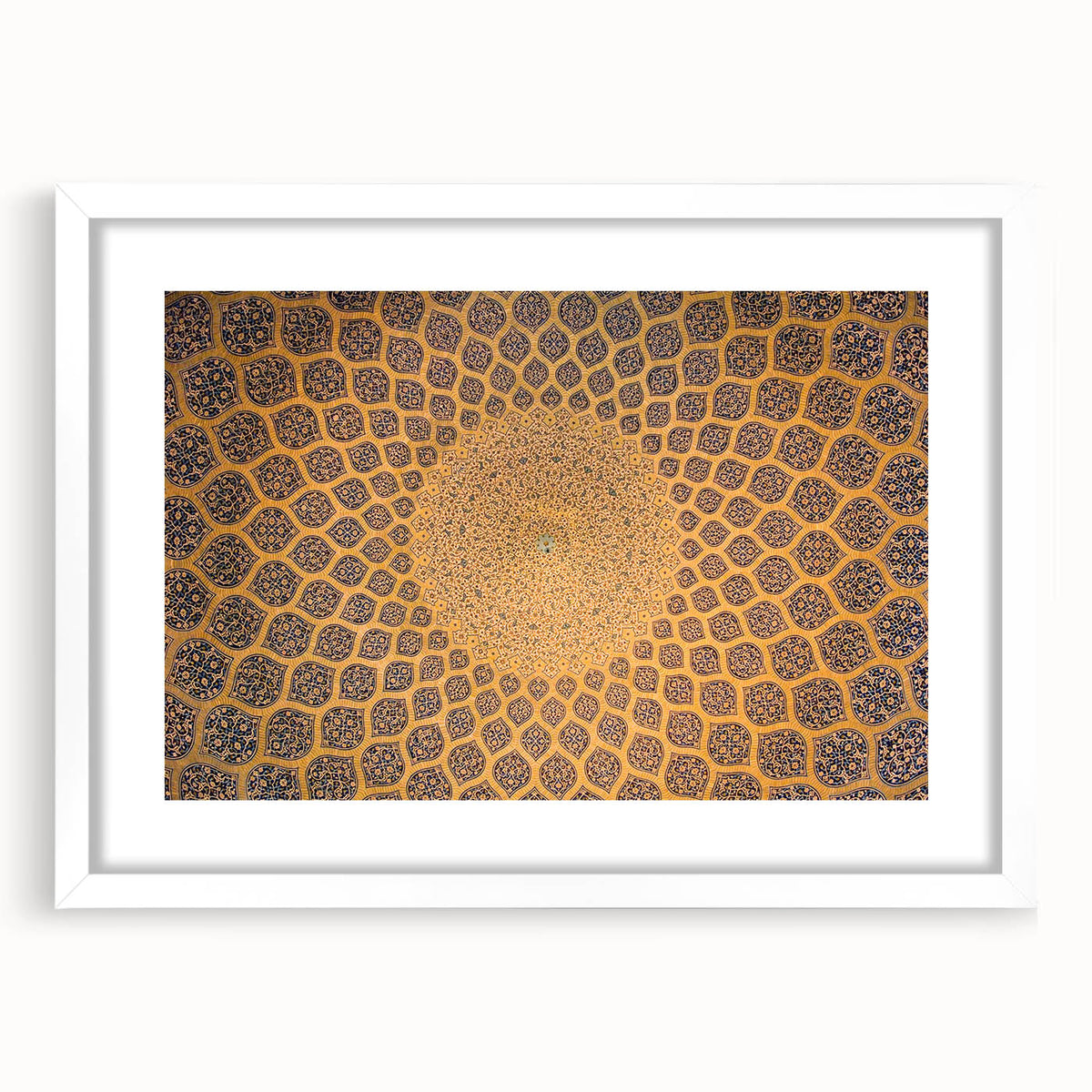 Abstract art print depicting a Middle Eastern scenery in muted earth tones on a white-framed canvas.