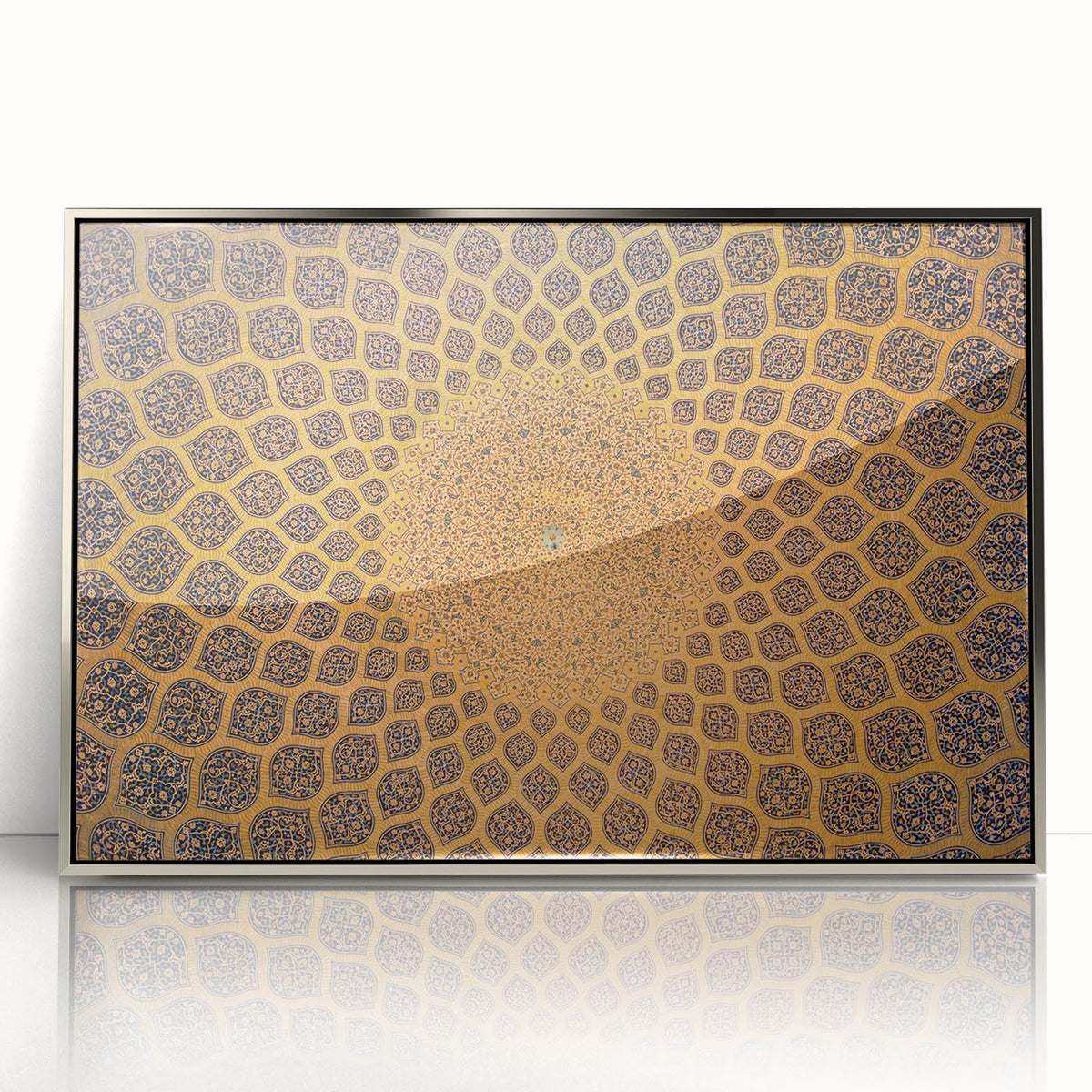 Mid-century modernist art depicting the scenery of the Middle East in Iran, framed in silver acrylic.
