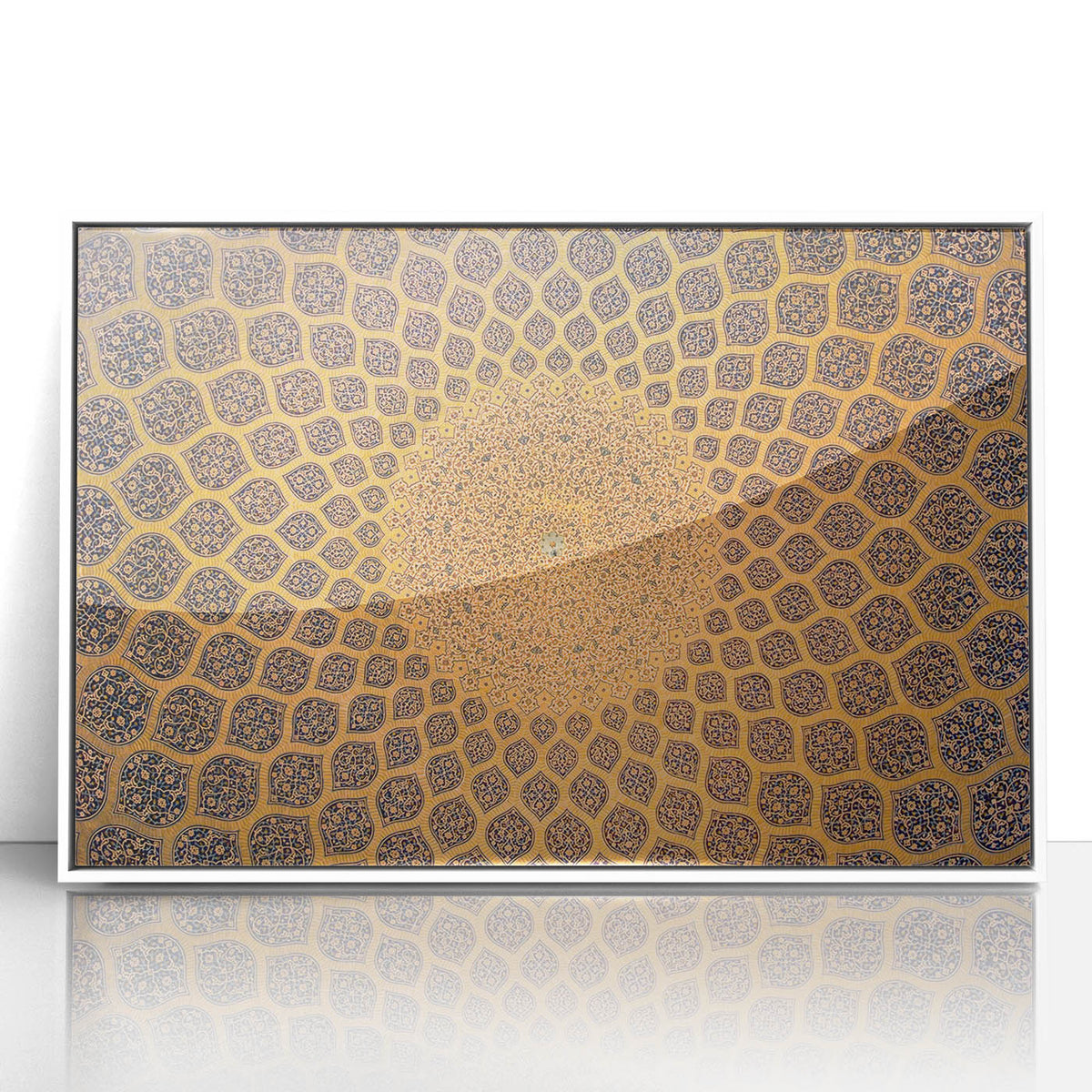 Art deco poster of a Middle Eastern scenery in Iran, depicted in muted earth tones on a framed acrylic.