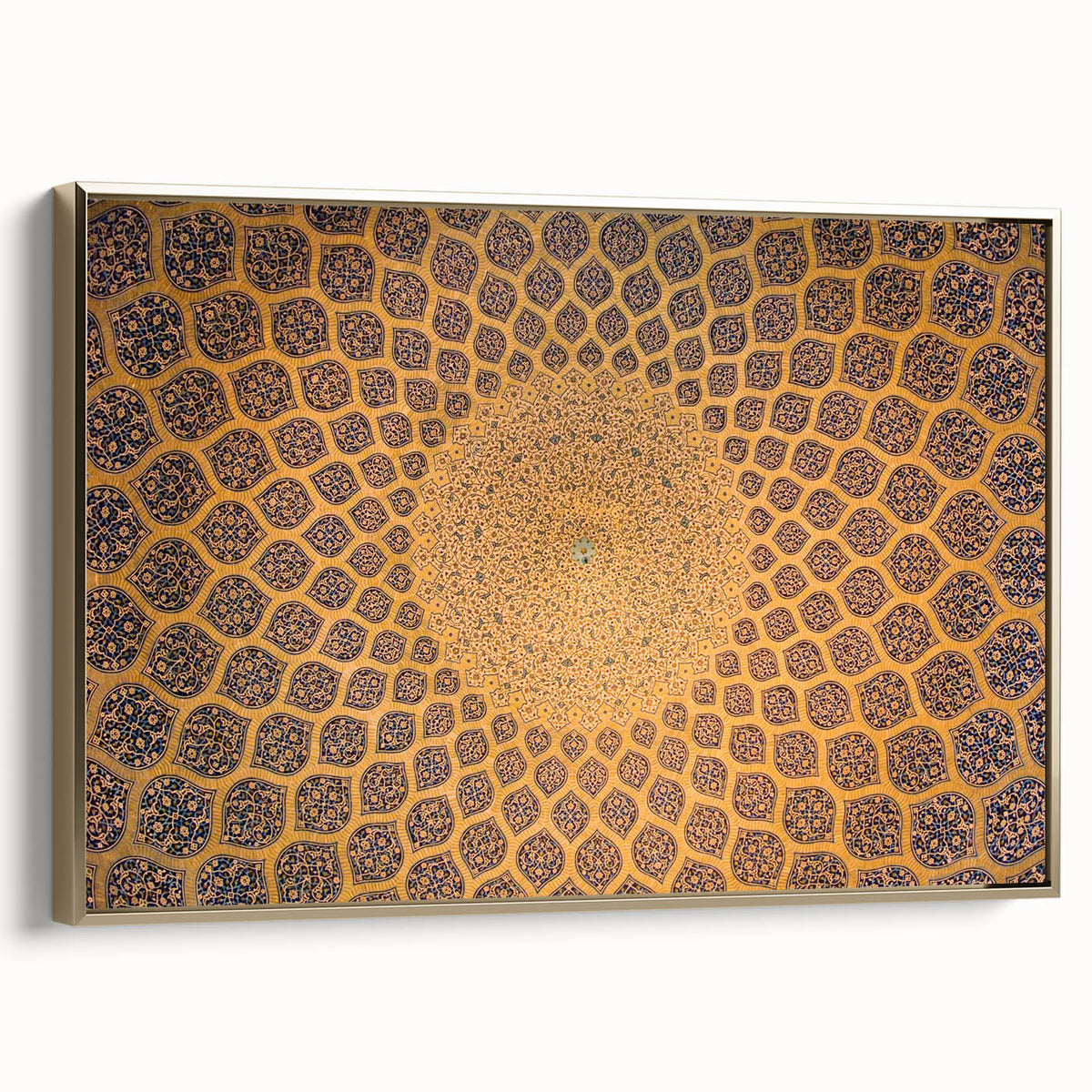 Framed canvas featuring a vintage-style landscape painting of a Middle Eastern scenery, with gold and black tones.