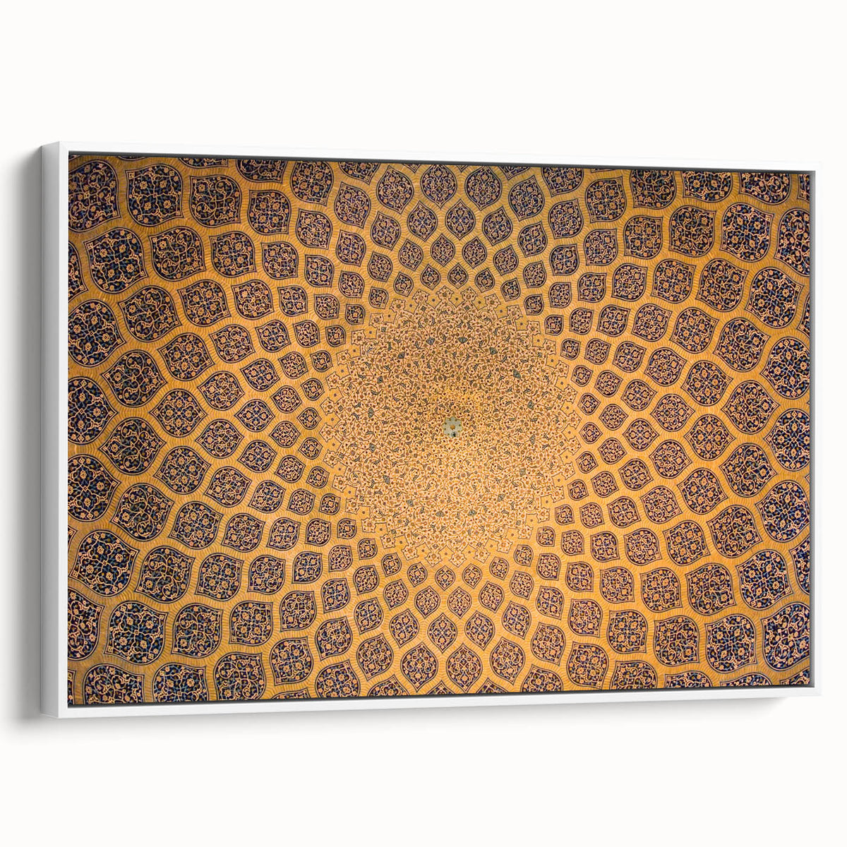 Vintage poster art of a Middle Eastern scenery on a large framed canvas, featuring vibrant colors against a black background.