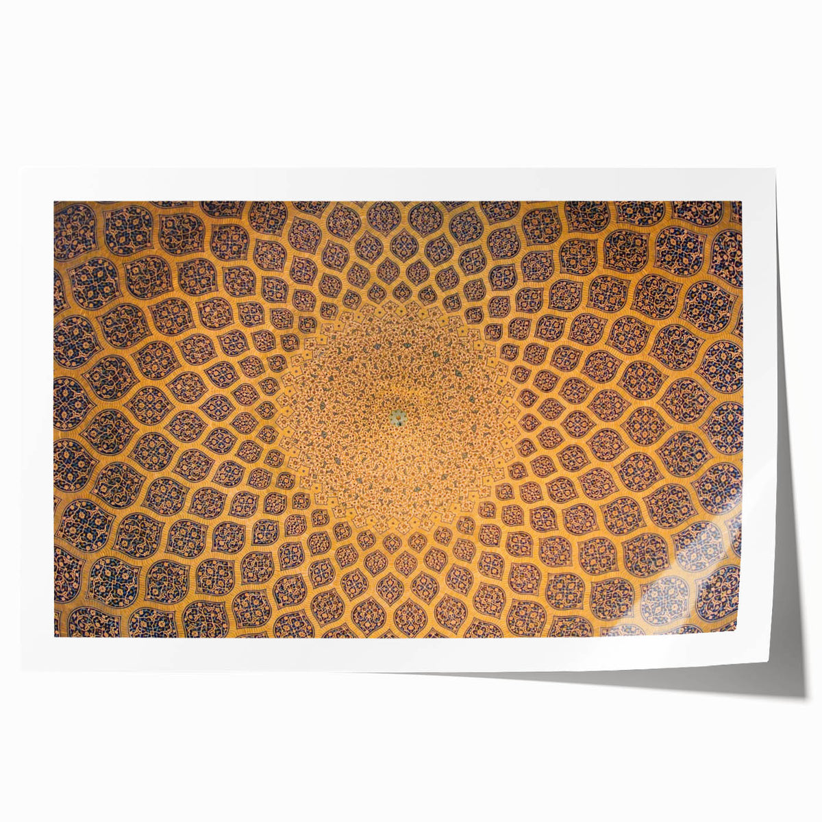 Extra large rolled print of a Middle Eastern scenery with prominent floral motifs in earth tones.