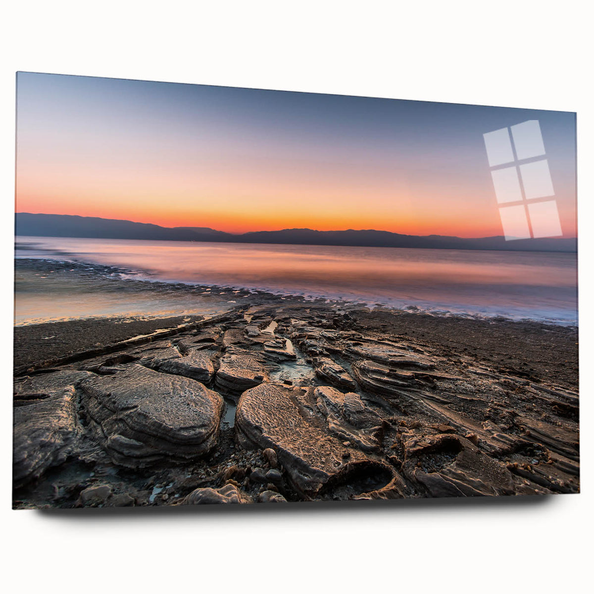 Large abstract wall art of the Dead Sea in muted blues and grays, acrylic print, suitable for bedroom or dining room decor.