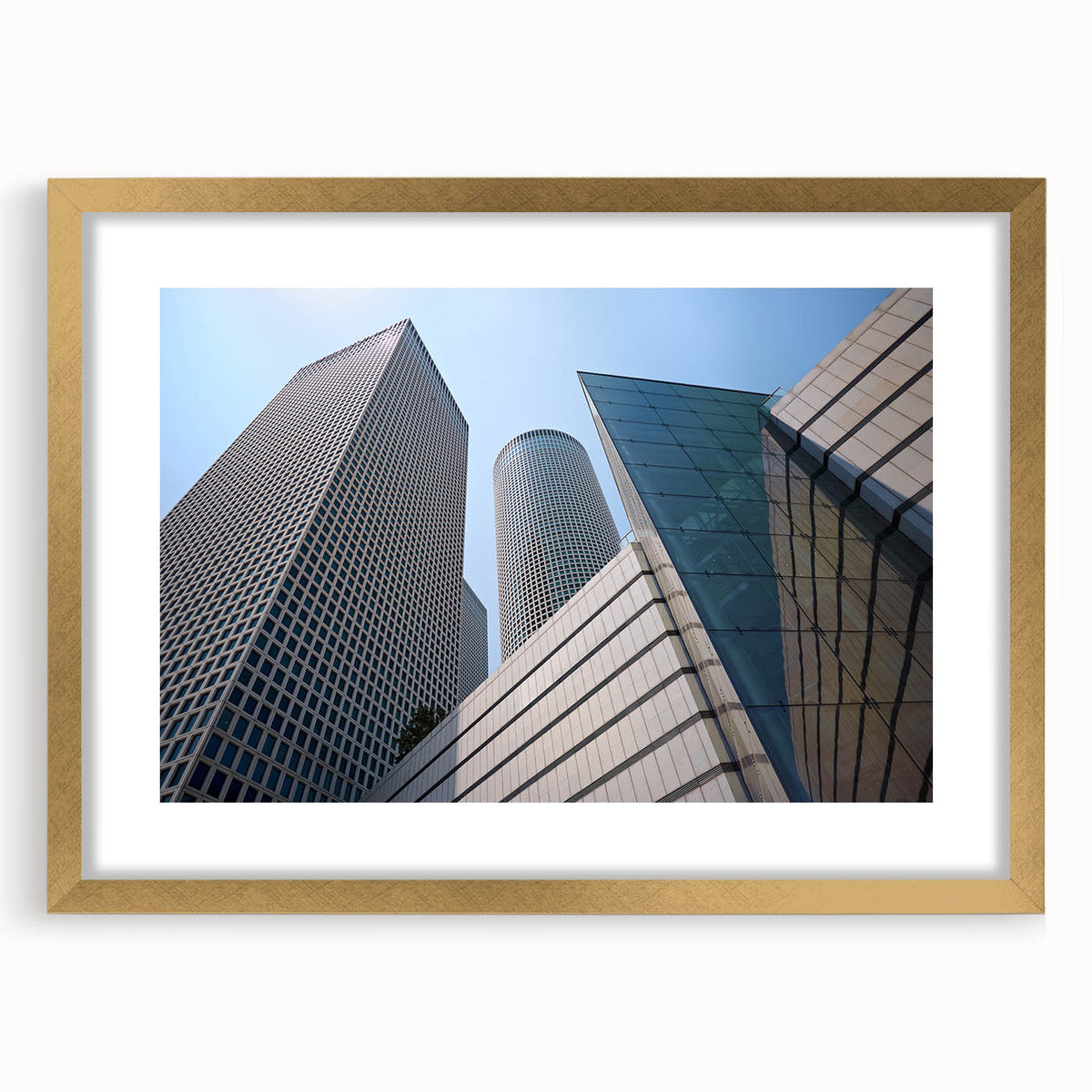 Extra large abstract art print of Tel Aviv skyline in muted gold and blue tones on textured canvas.