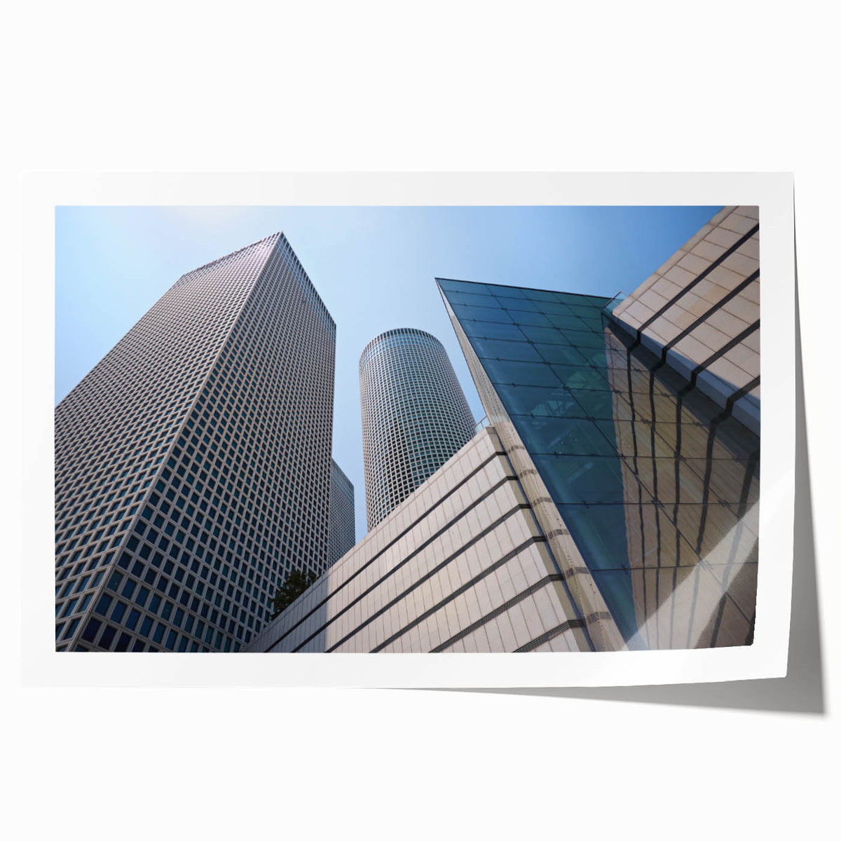 Rolled print of Tel Aviv skyline in muted earth tones, perfect for dining room wall art.