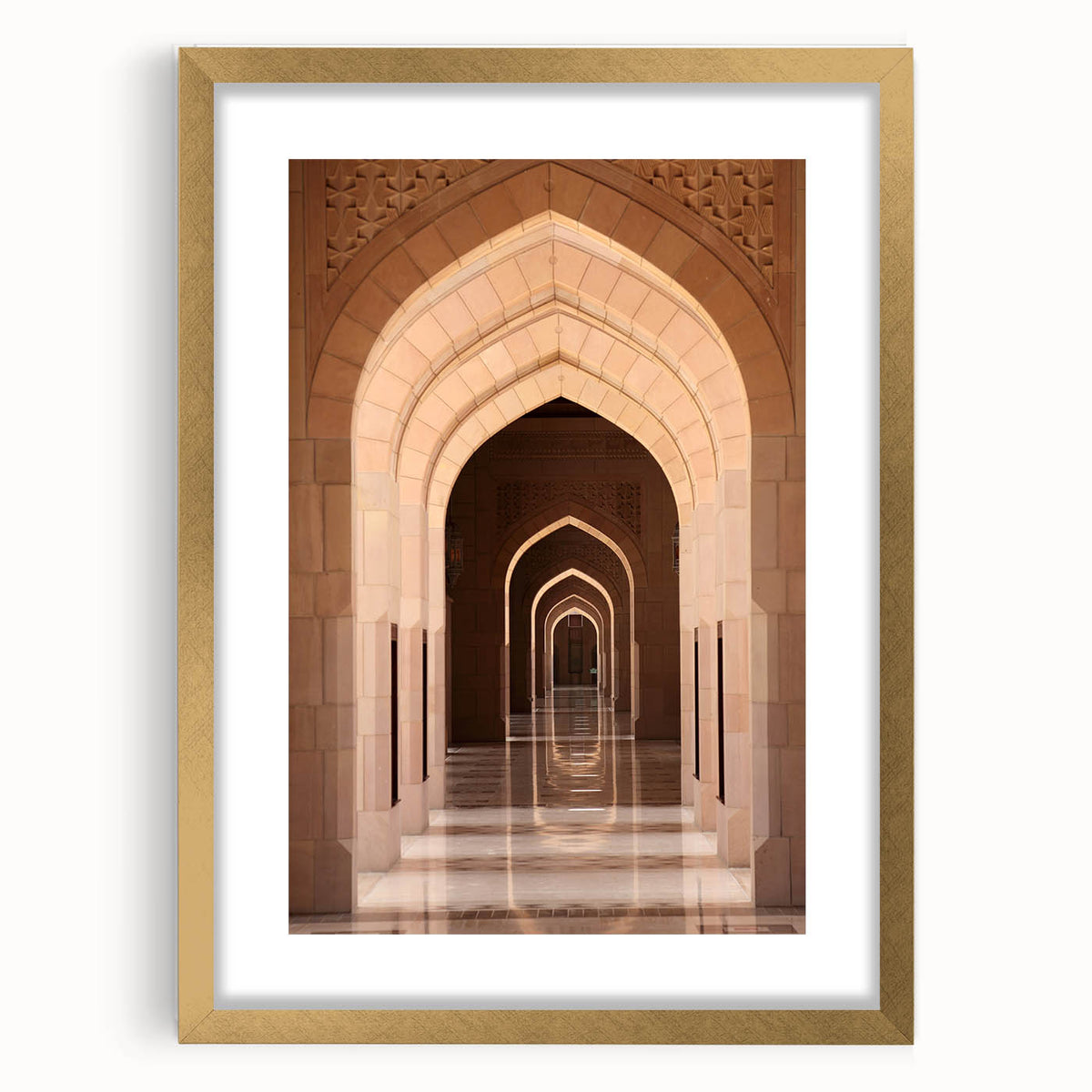 Extra large abstract art print of a Middle Eastern scenery in gold frame, ideal for living room decor.