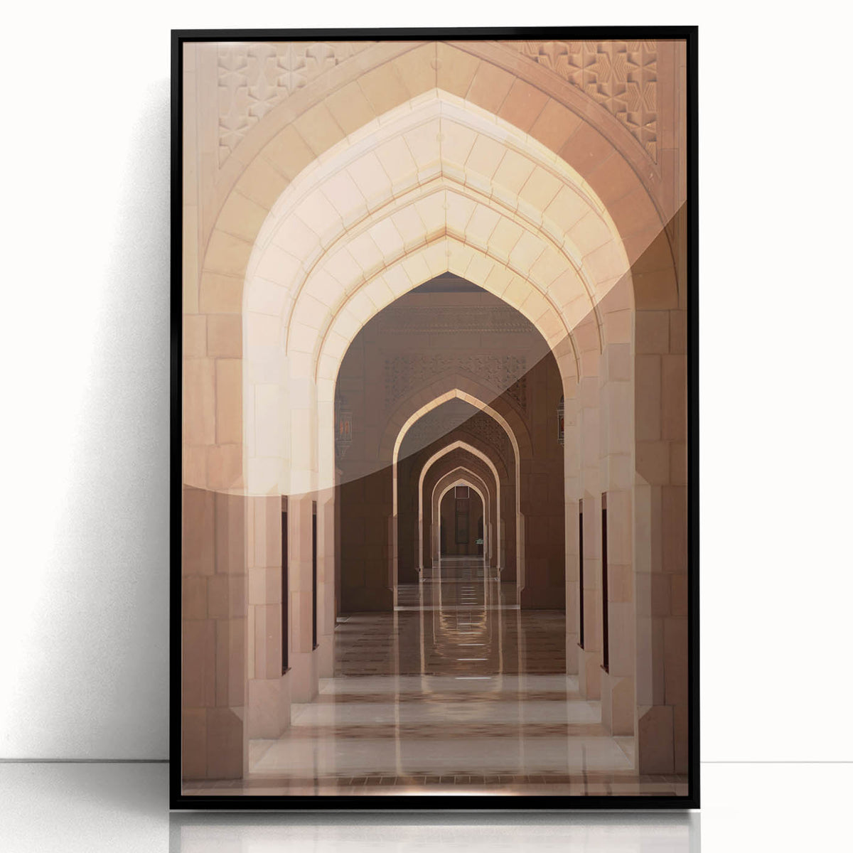 Large abstract wall art featuring a desert scene in Oman with muted earth tones on a framed acrylic.