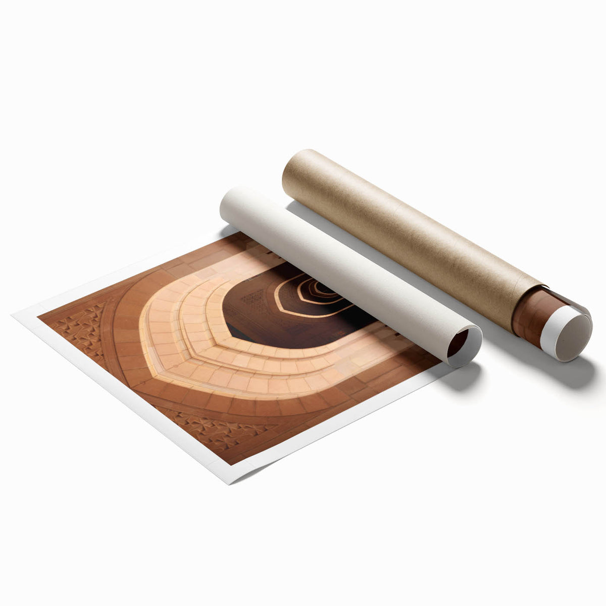 Extra large rolled print depicting a serene Middle Eastern landscape in soft earth tones, ideal for classy bathroom wall art.