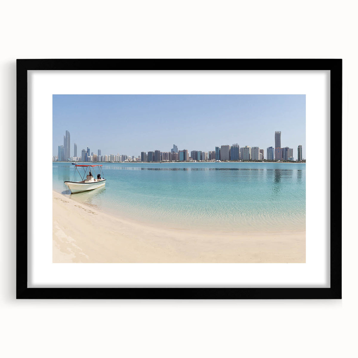 Extra large abstract art print featuring a colorful, textured depiction of Abu Dhabi skyline on a framed black mat canvas.