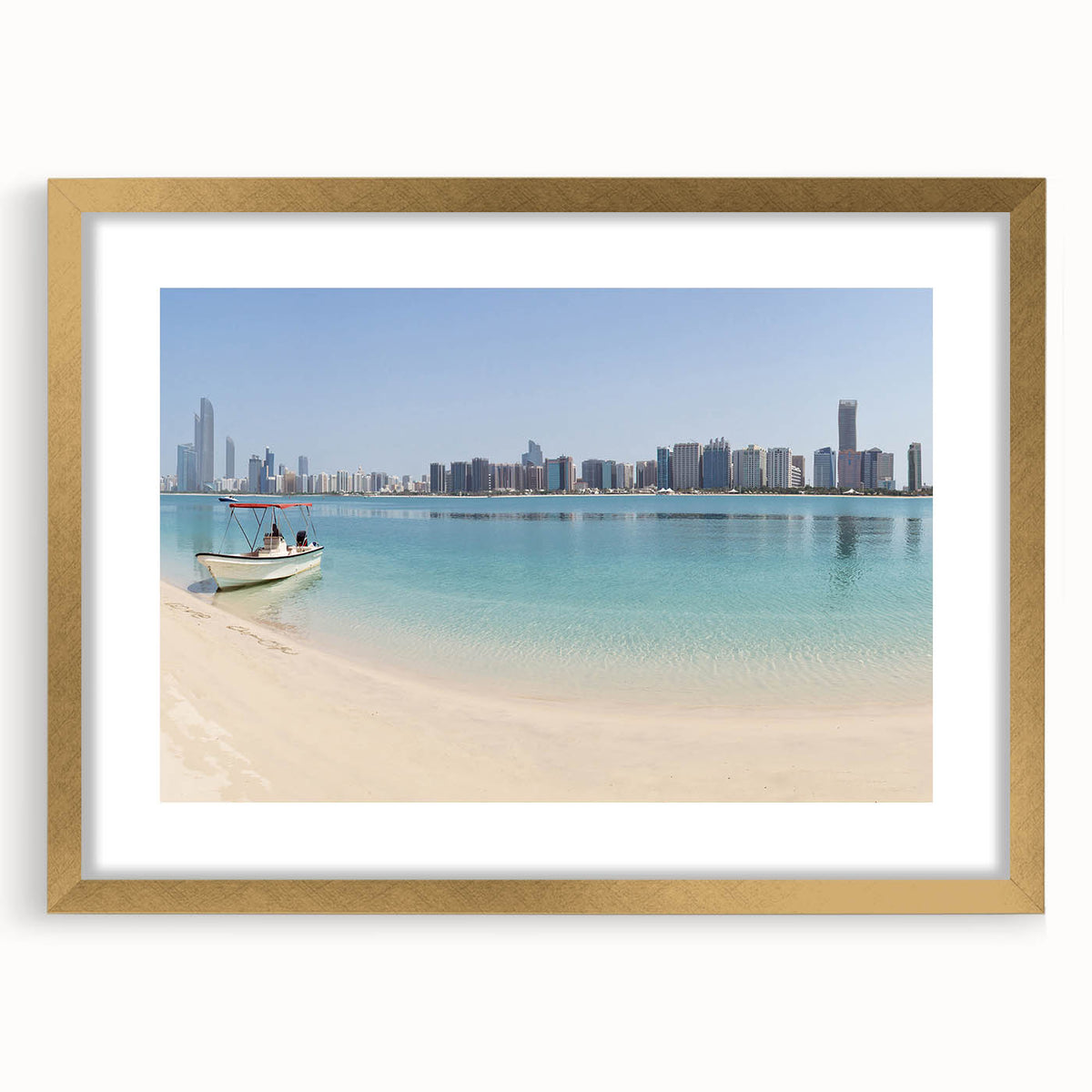 Extra large abstract art print of Abu Dhabi skyline in muted earth tones on a framed canvas, suitable for living room decor.