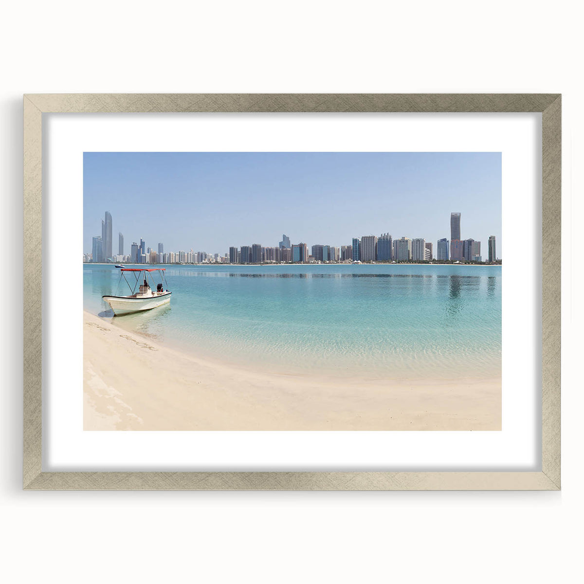 Textured abstract art print of Abu Dhabi skyline in muted earth tones on framed canvas, ideal for modern bedroom ambiance.