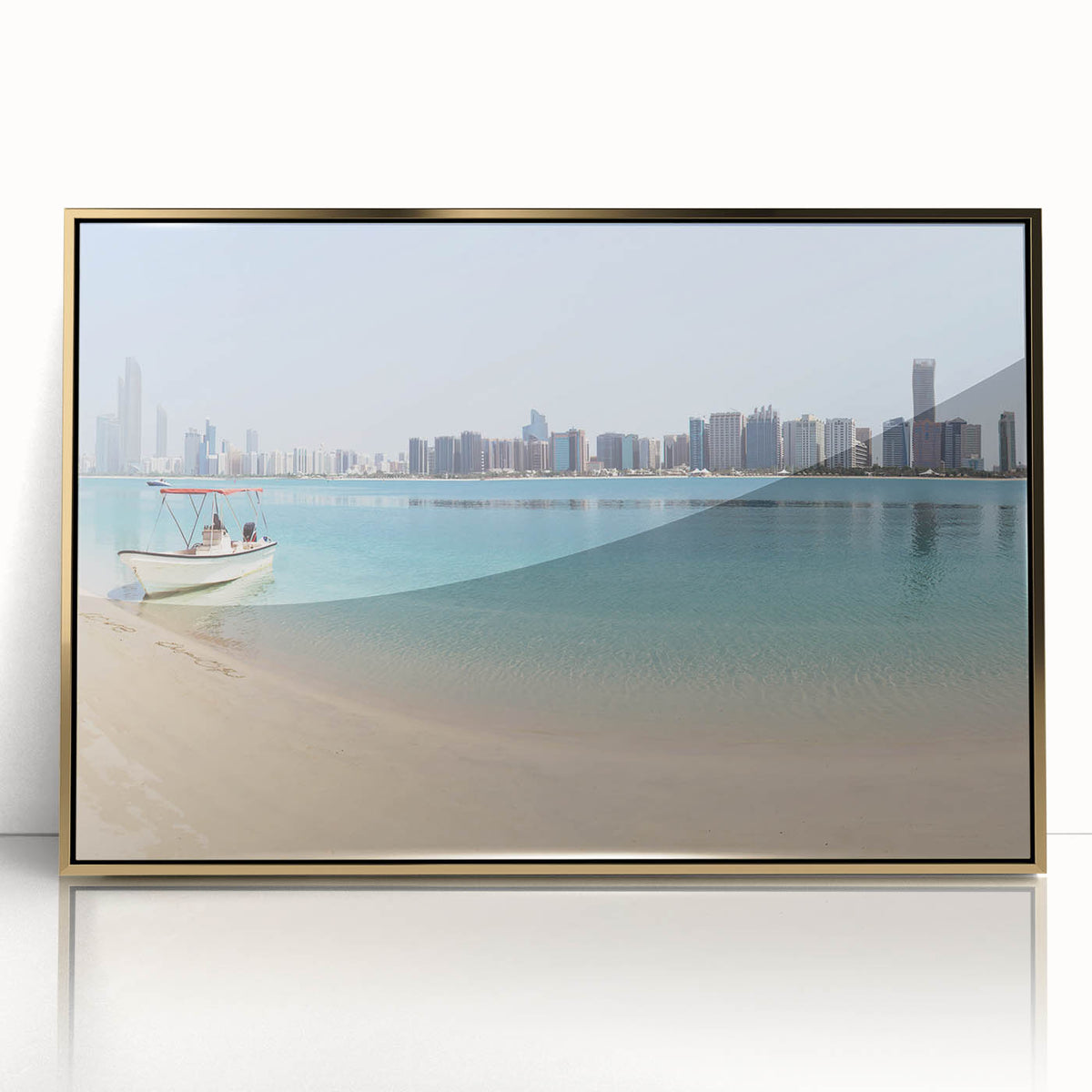 Mid-century modernist styled acrylic print of Abu Dhabi scenery in gold tones, ideal for modern art wall decor.