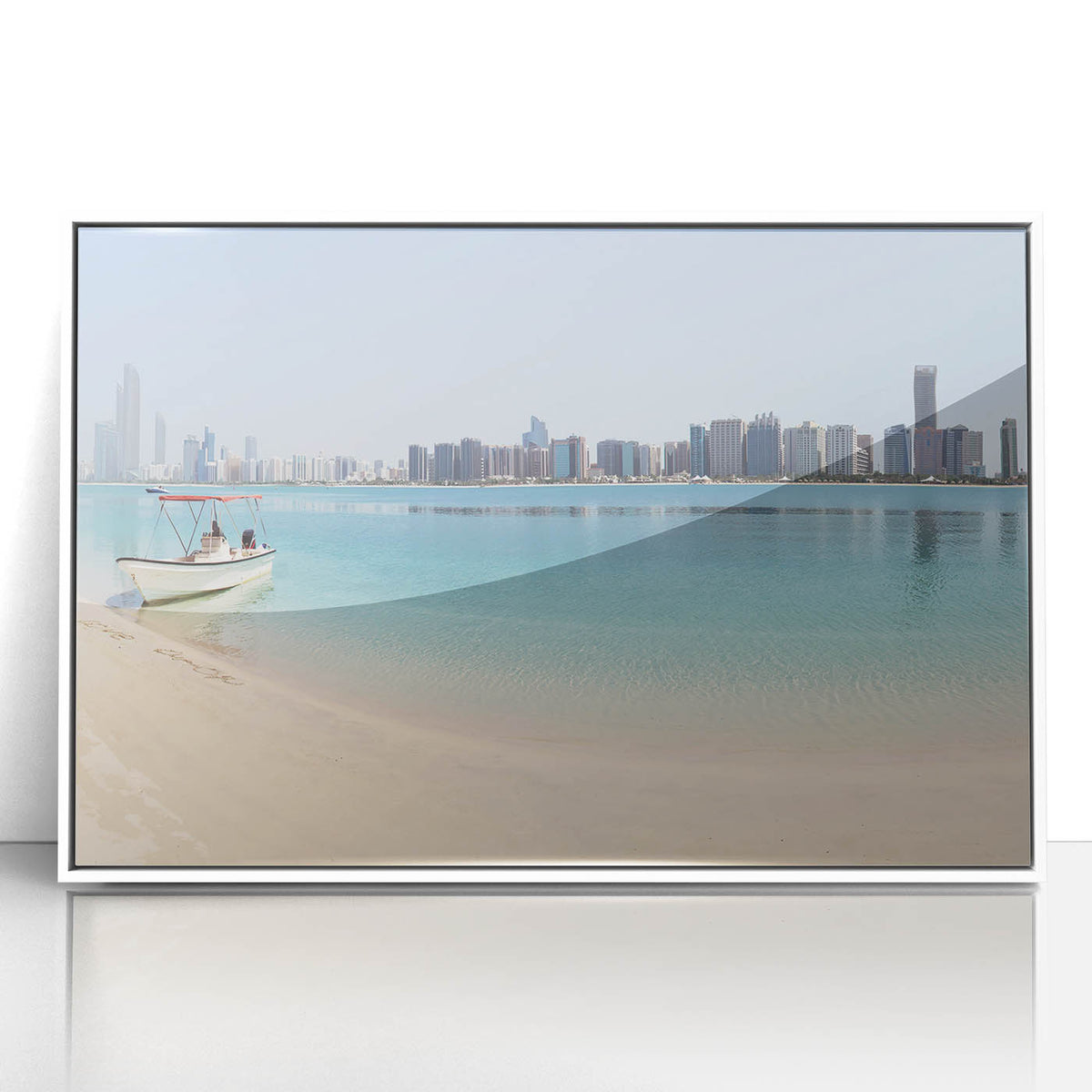 Art Deco poster of Abu Dhabi skyline in muted gray and blue tones on framed acrylic, suitable for modern art wall decor.