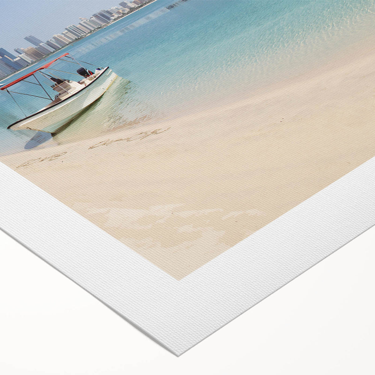 Art deco poster of Abu Dhabi skyline in muted gold and blue tones on rolled canvas, suitable for dining room decor.