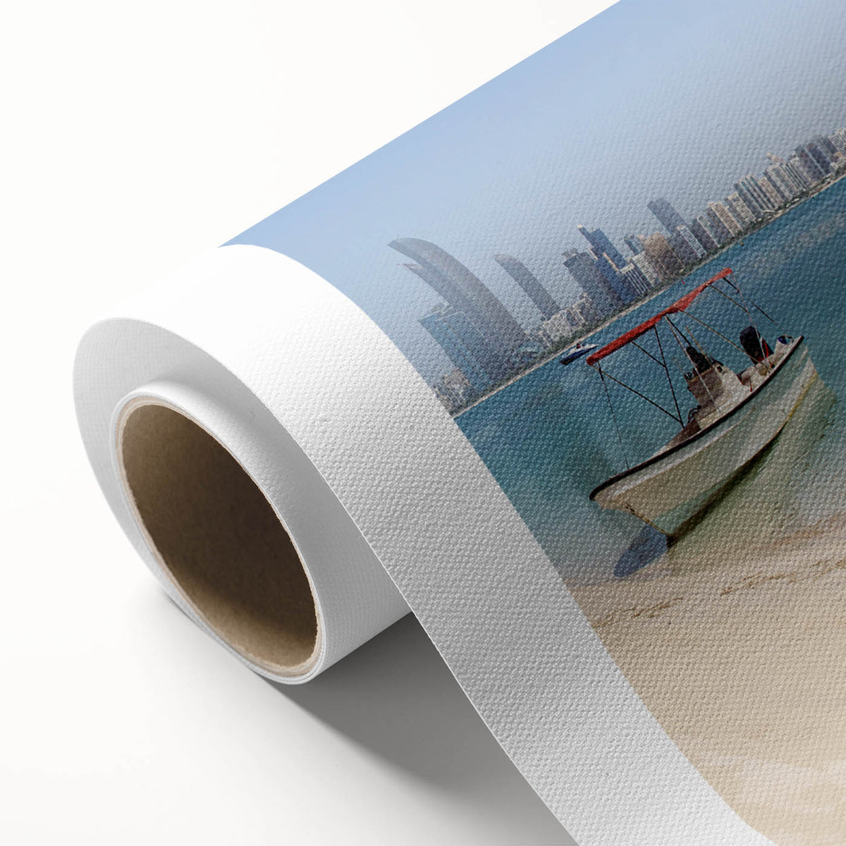 Art deco poster of Abu Dhabi skyline in pastel shades on rolled canvas, ideal for nursery wall art.