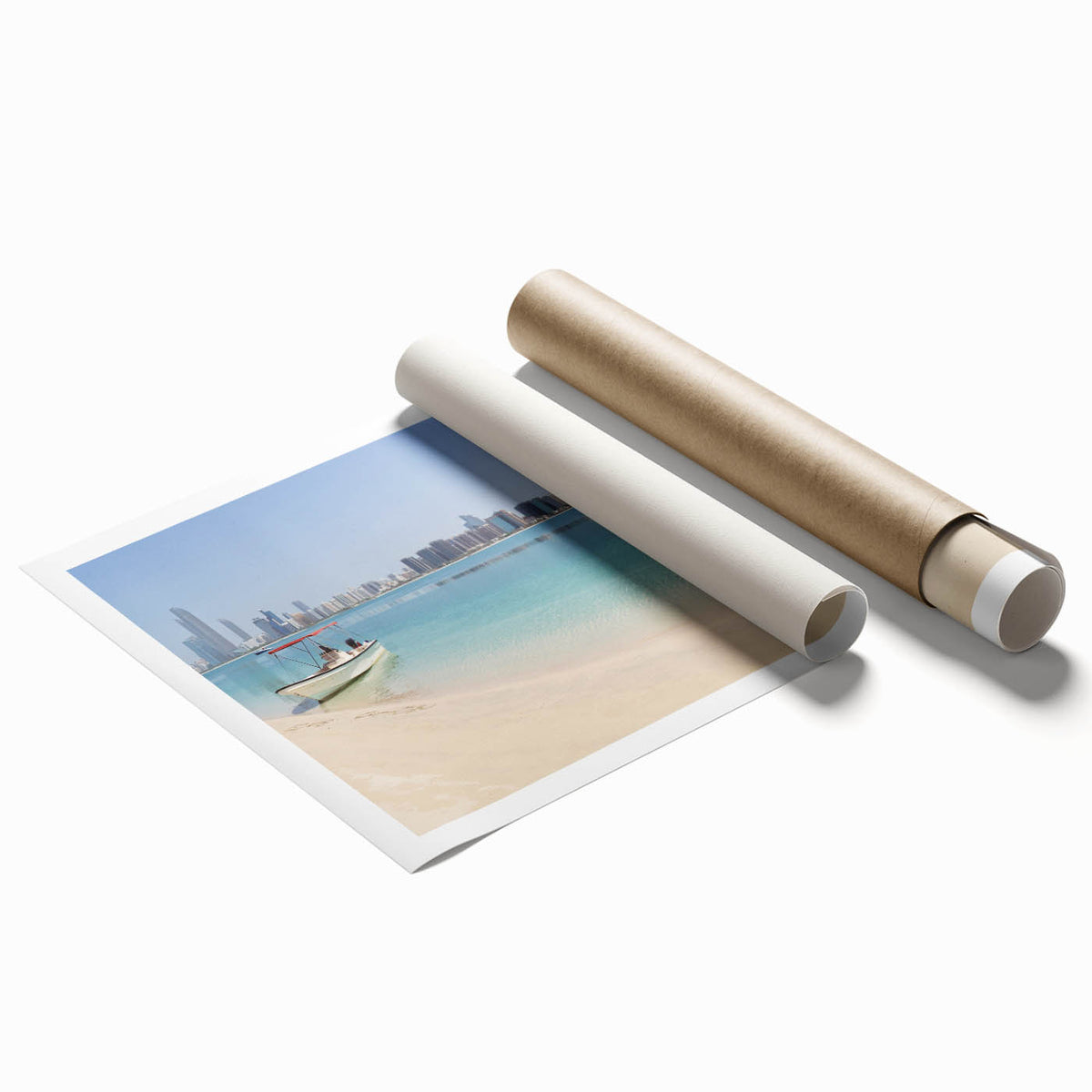 Extra large rolled print of Abu Dhabi scenery with vibrant floral art, ideal for classy bathroom or large living room decor.