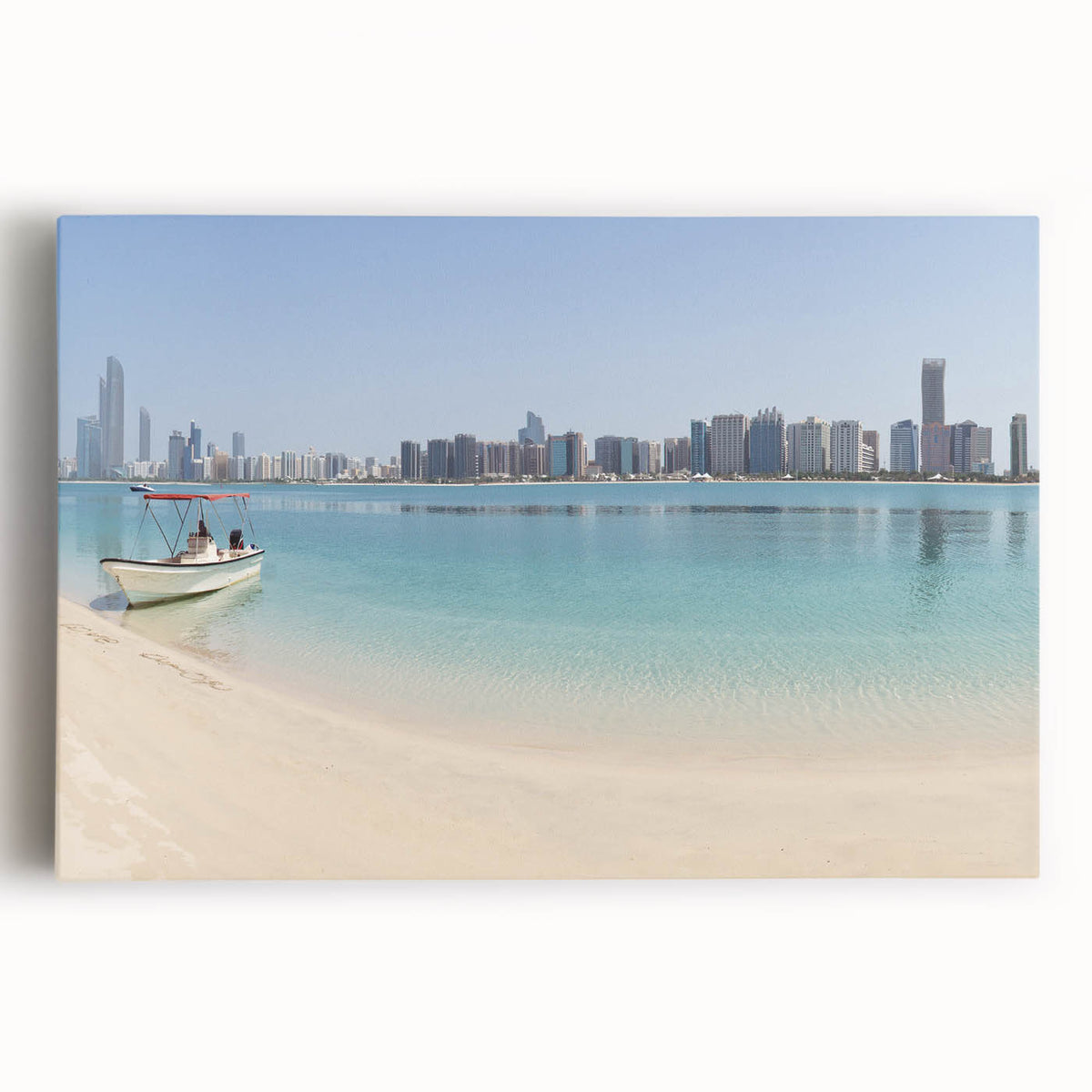 Black and white stretched canvas of Abu Dhabi skyline, ideal for kitchen wall art.