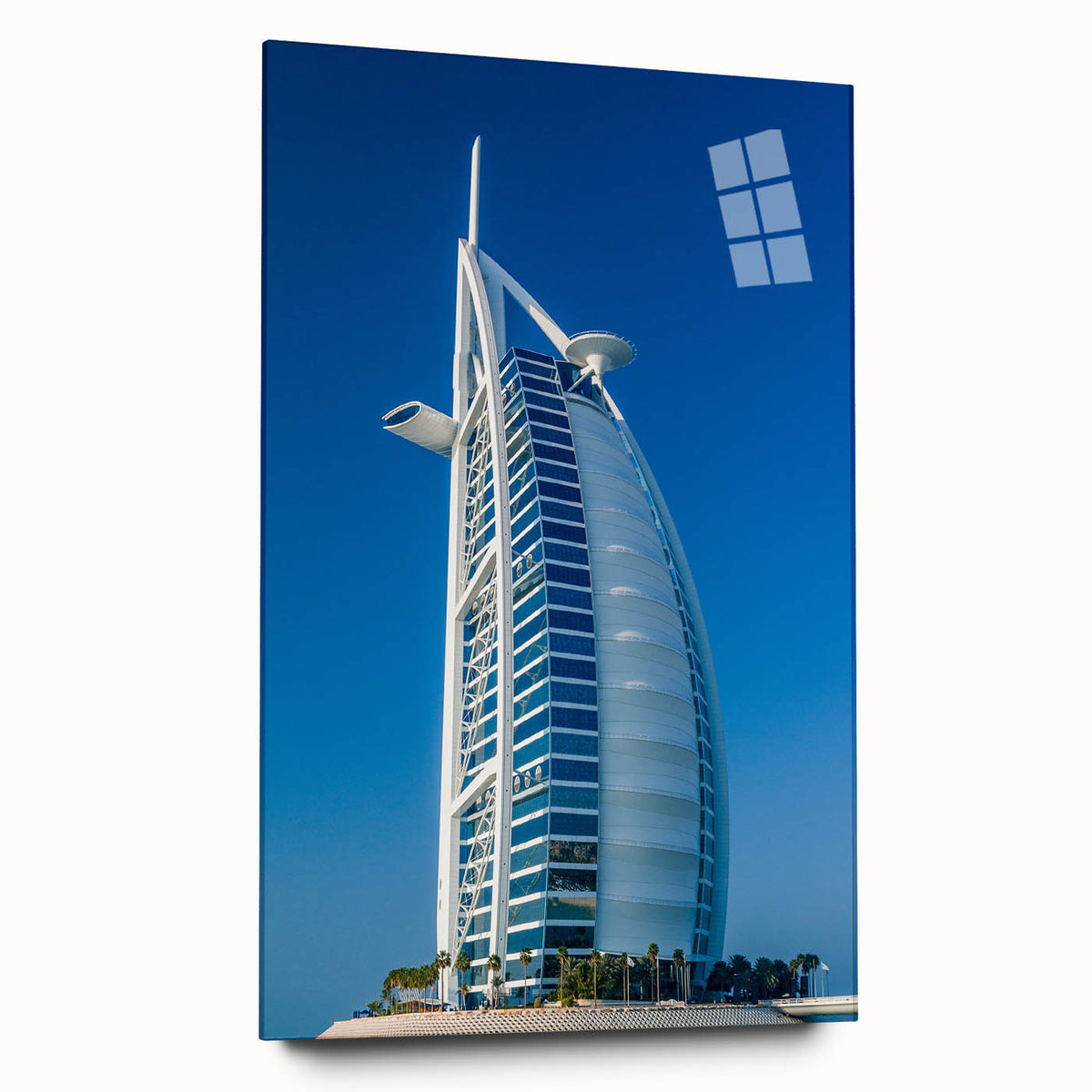 Side view of a large acrylic glass print featuring the Burj Al Arab with soft blue and white tones.