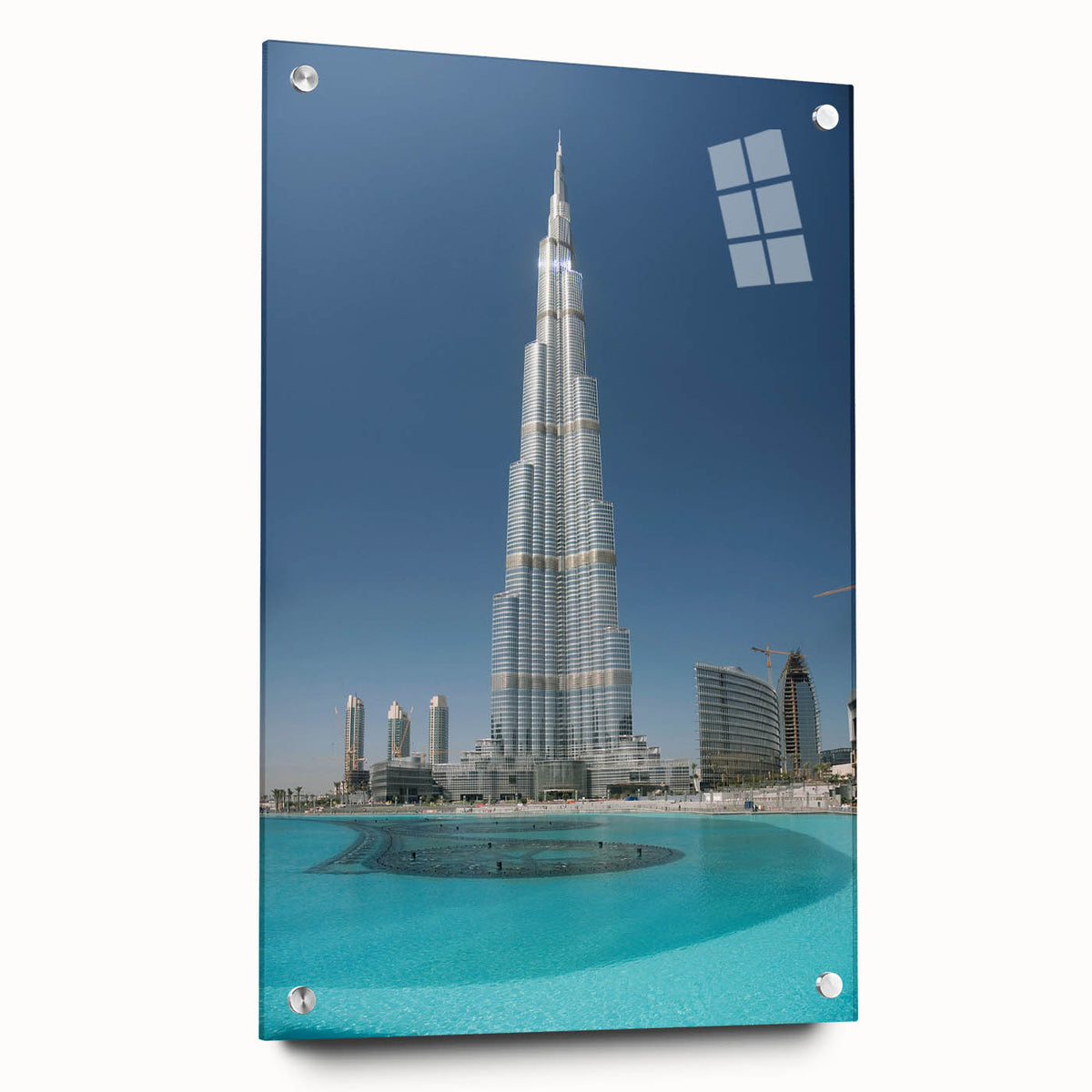 Acrylic print of the Burj Khalifa in muted gray tones, ideal for modern dining room decor.