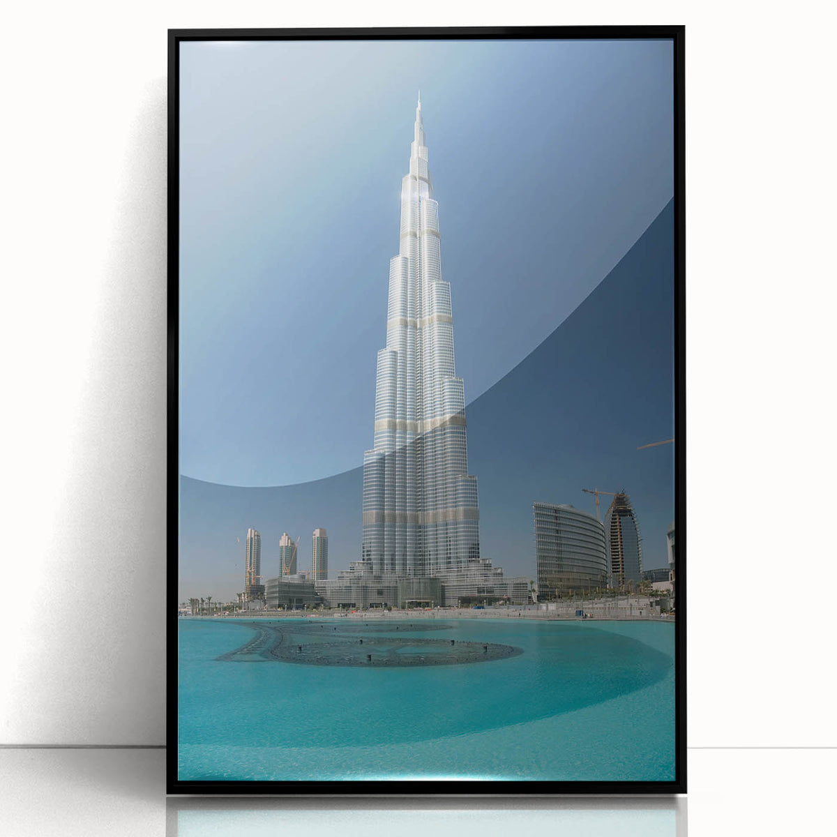 Large abstract wall art of Burj Khalifa in muted gray tones, framed acrylic, ideal for modern art wall decor.