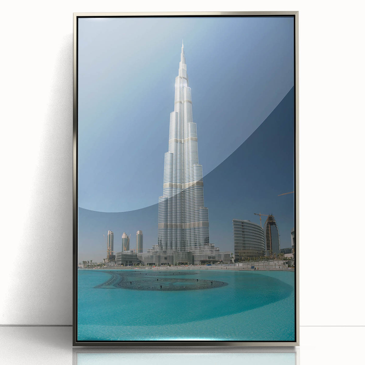 Mid-century modernist art of Burj Khalifa in muted silver tones, acrylic print framed, ideal for modern art wall decor.