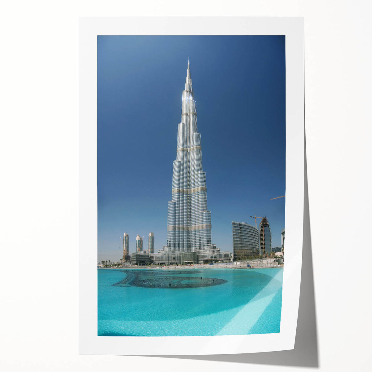 Extra large rolled print of Burj Khalifa with muted gray and blue tones, ideal for art wall dining room.