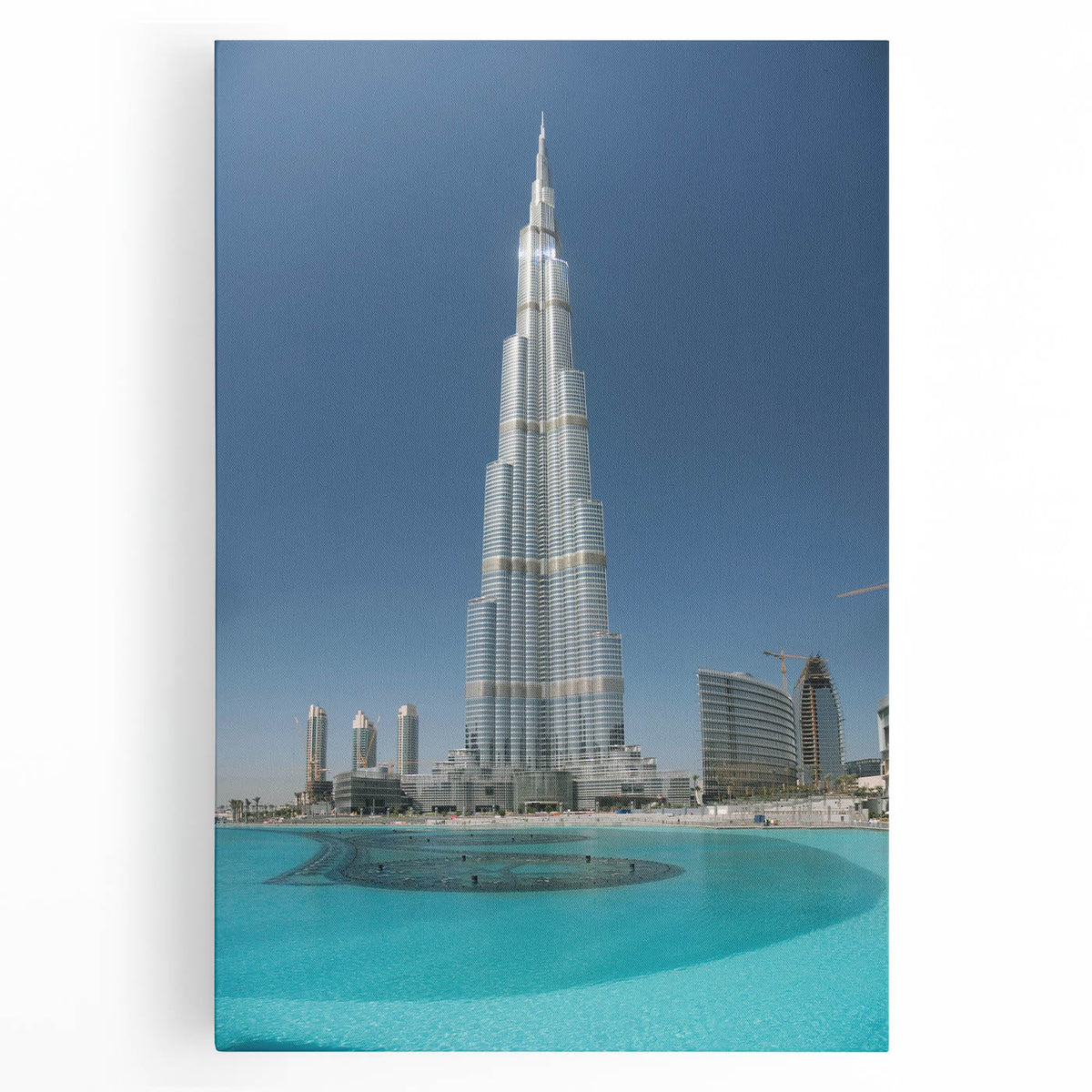 Black and white stretched canvas of the Burj Khalifa, ideal for kitchen wall art.