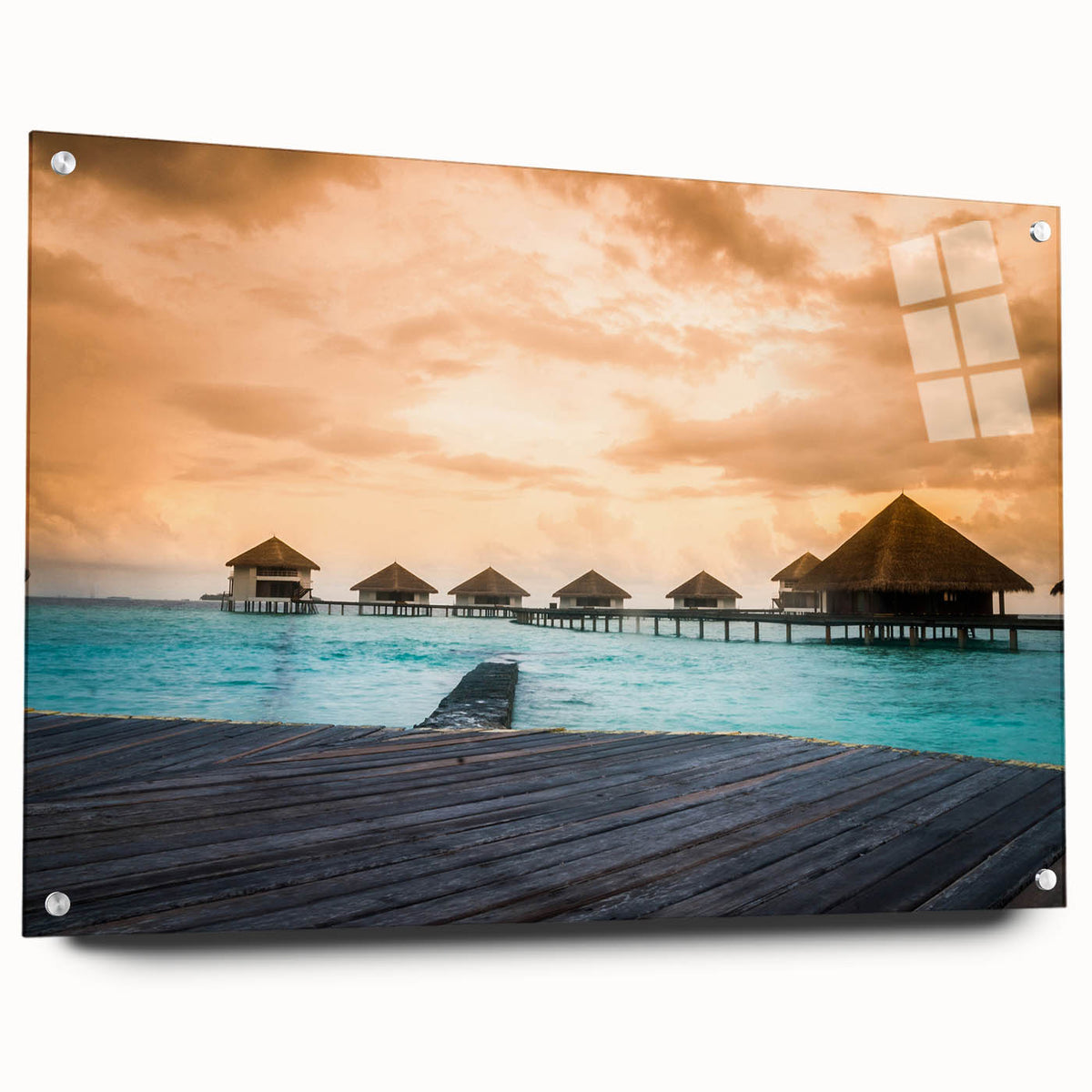 Large abstract wall art of Bora Bora's oceanic landscape in muted blue and green tones on acrylic glass.