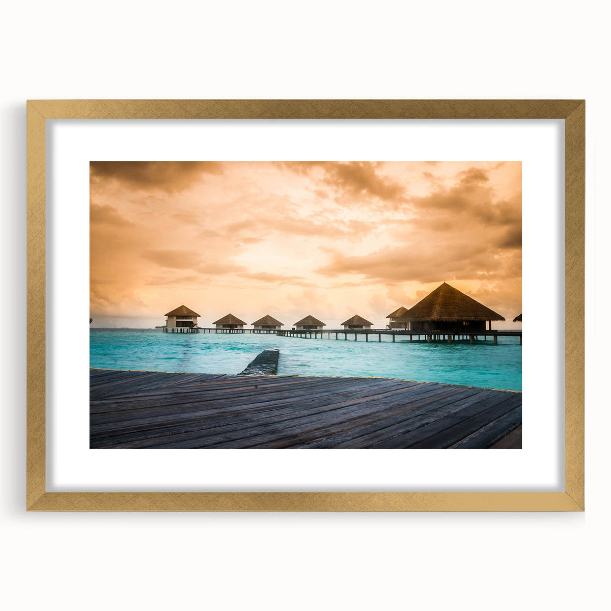 Extra large abstract art print of Bora Bora scenery in gold frame, featuring textured blue and green hues.