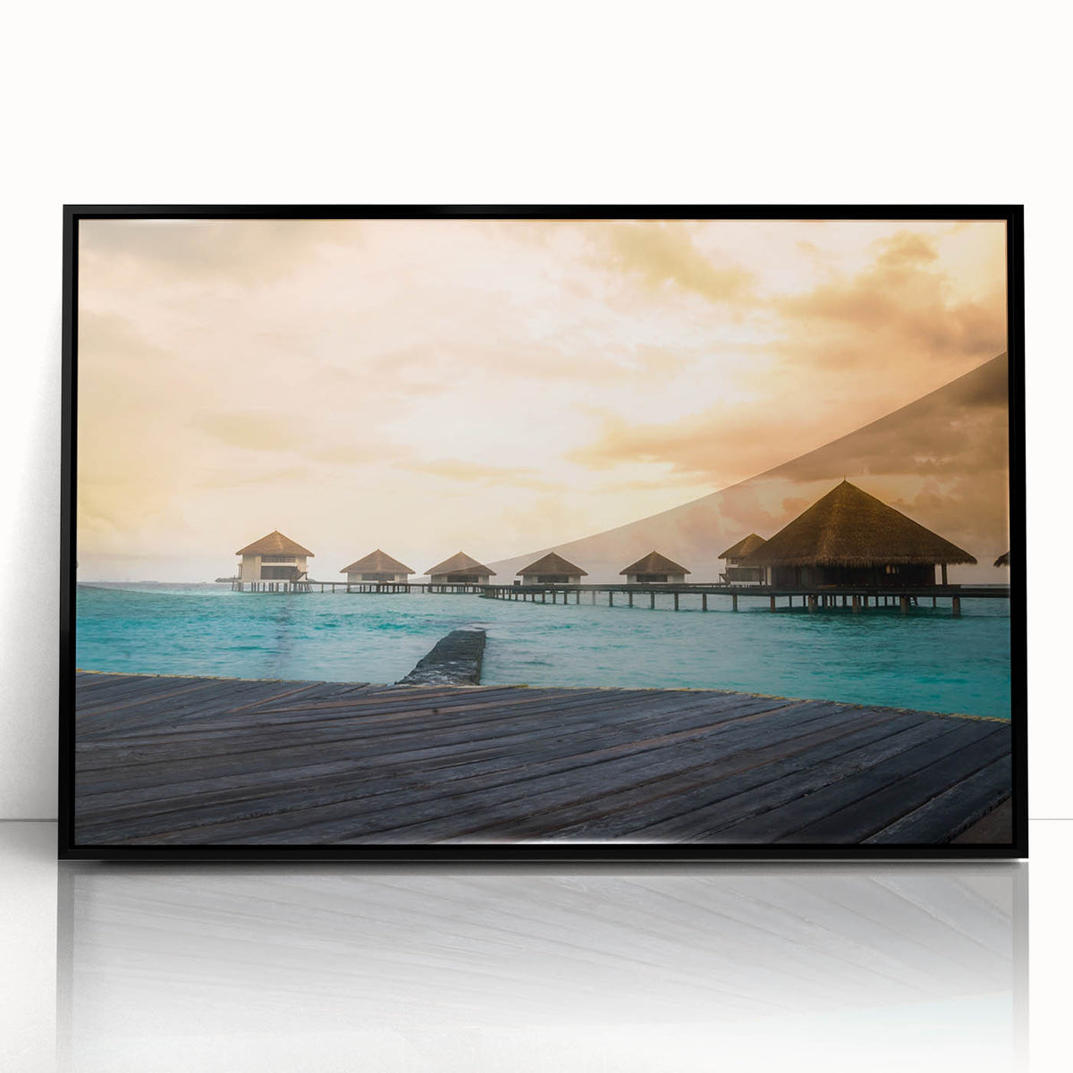 Large abstract wall art depicting the oceanic scenery of Bora Bora in muted blue and green tones, framed in black acrylic.