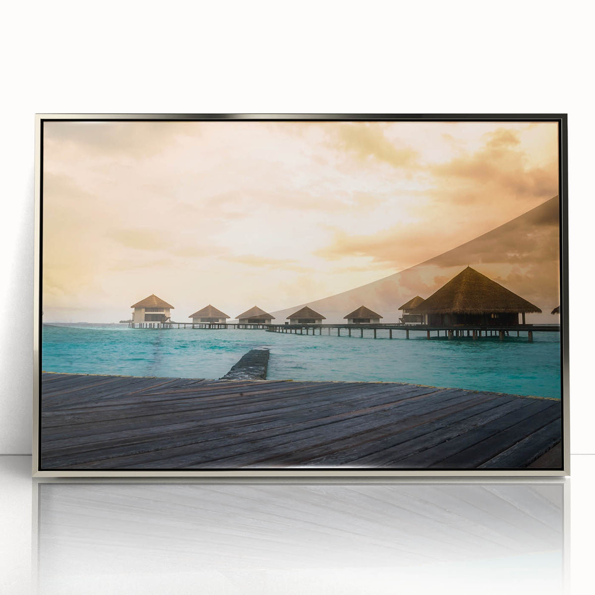 Mid-century modernist art of Bora Bora's serene landscape in muted blue and green tones, silver-framed acrylic.