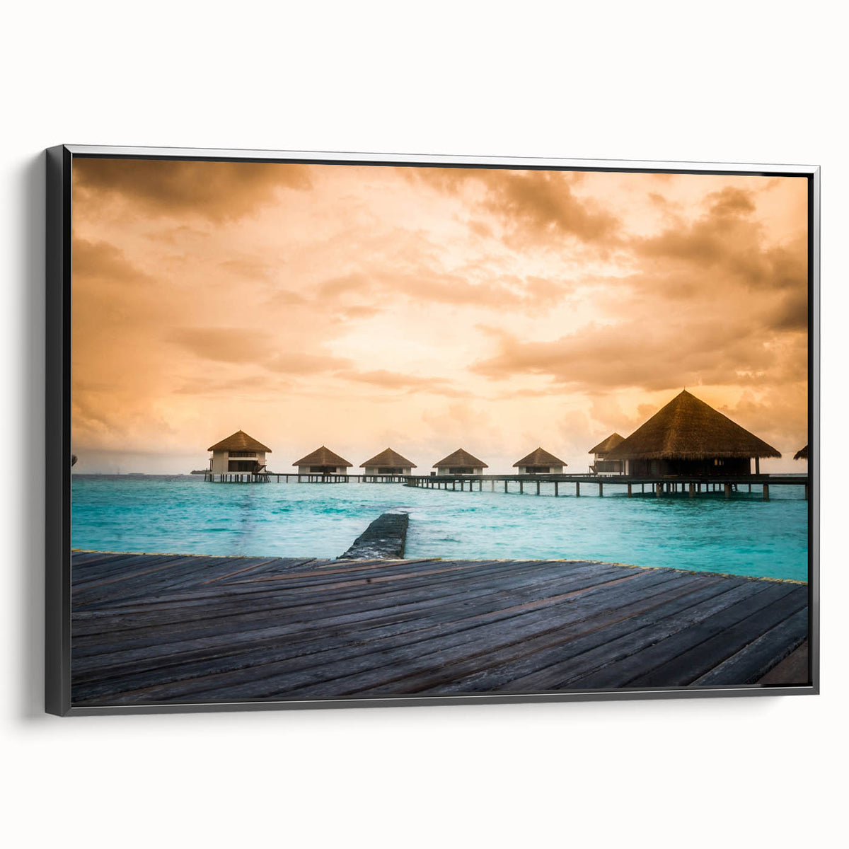 Black and white landscape art painting of Bora Bora on framed canvas, ideal for bedroom wall decor.