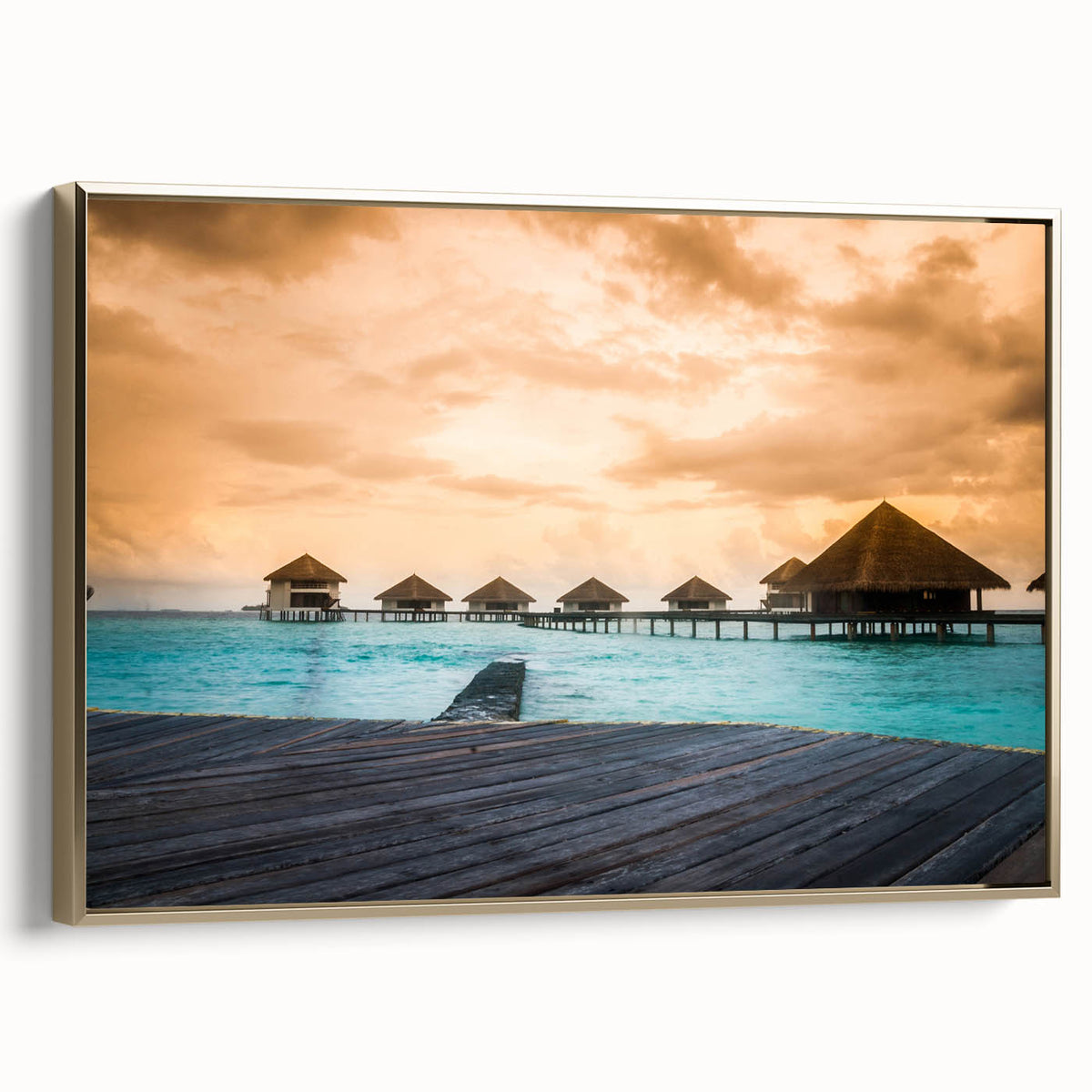 Vintage poster art of Bora Bora landscape with black frame, muted blue and green tones, ideal for bedroom wall decor.