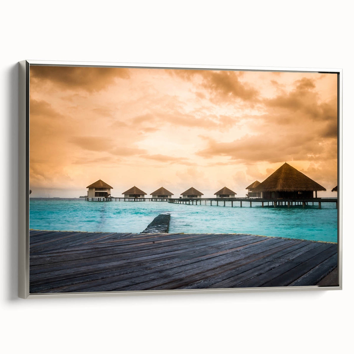 Landscape art painting of Bora Bora in vibrant blues and greens, framed canvas in silver, ideal for living room decor.