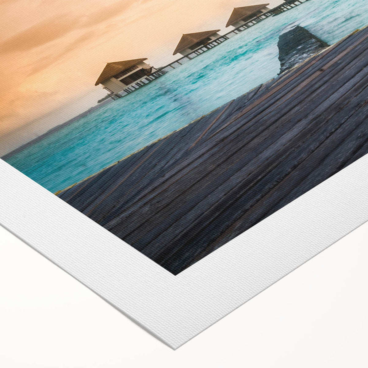 Art deco poster featuring a serene Bora Bora seascape in cool blue and white tones, on rolled canvas.