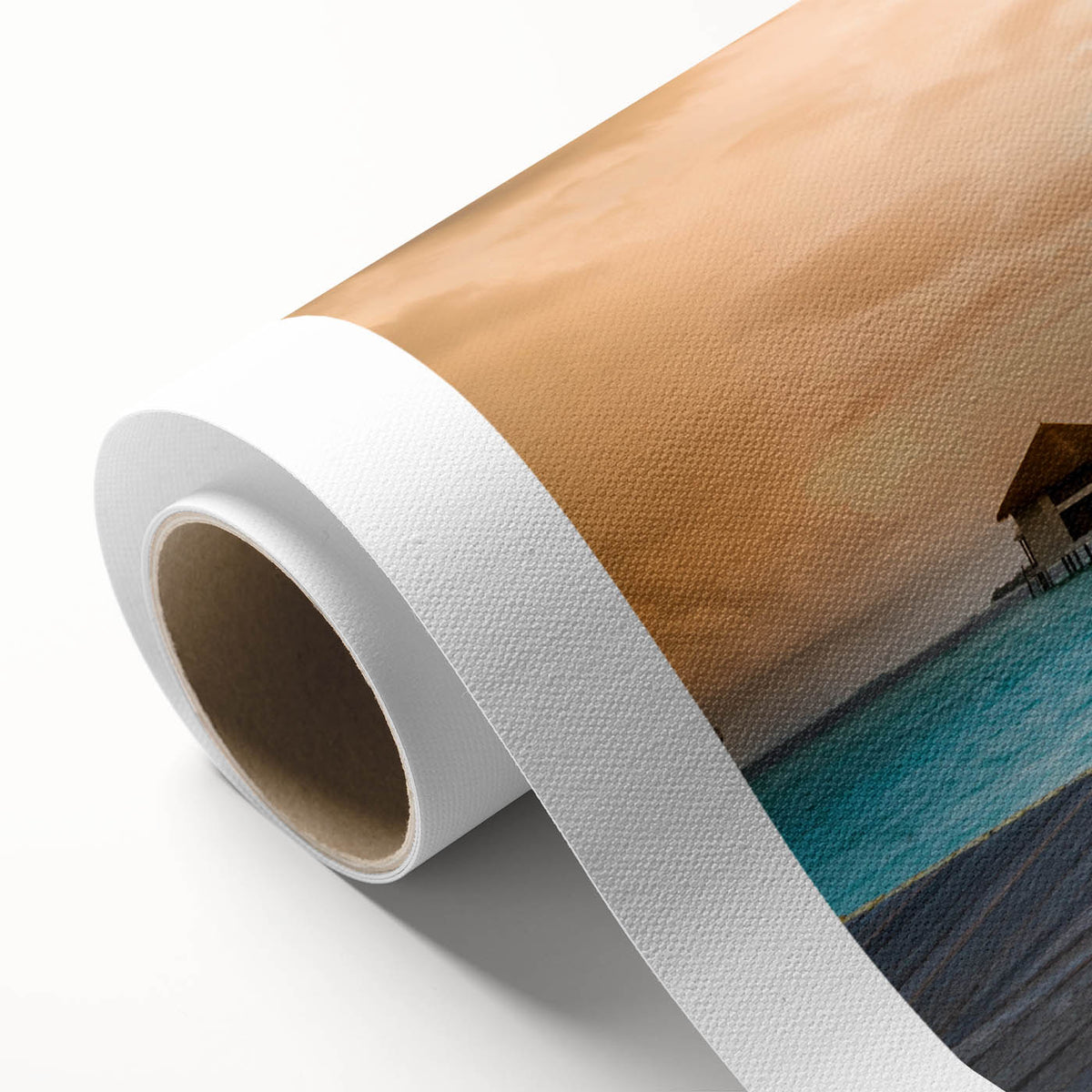 Art deco style poster of Bora Bora scenery on rolled canvas, featuring serene blue and green hues.