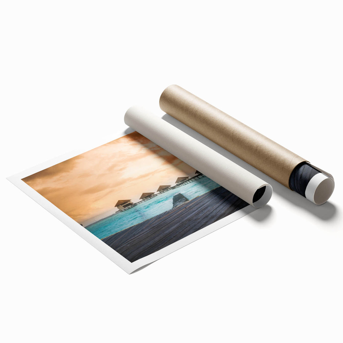 Extra large rolled print of a serene Bora Bora landscape with vivid blue waters and lush greenery.