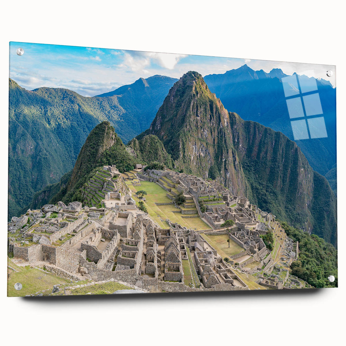 Acrylic print of Machu Picchu in soft morning light, ideal for dining room decor.